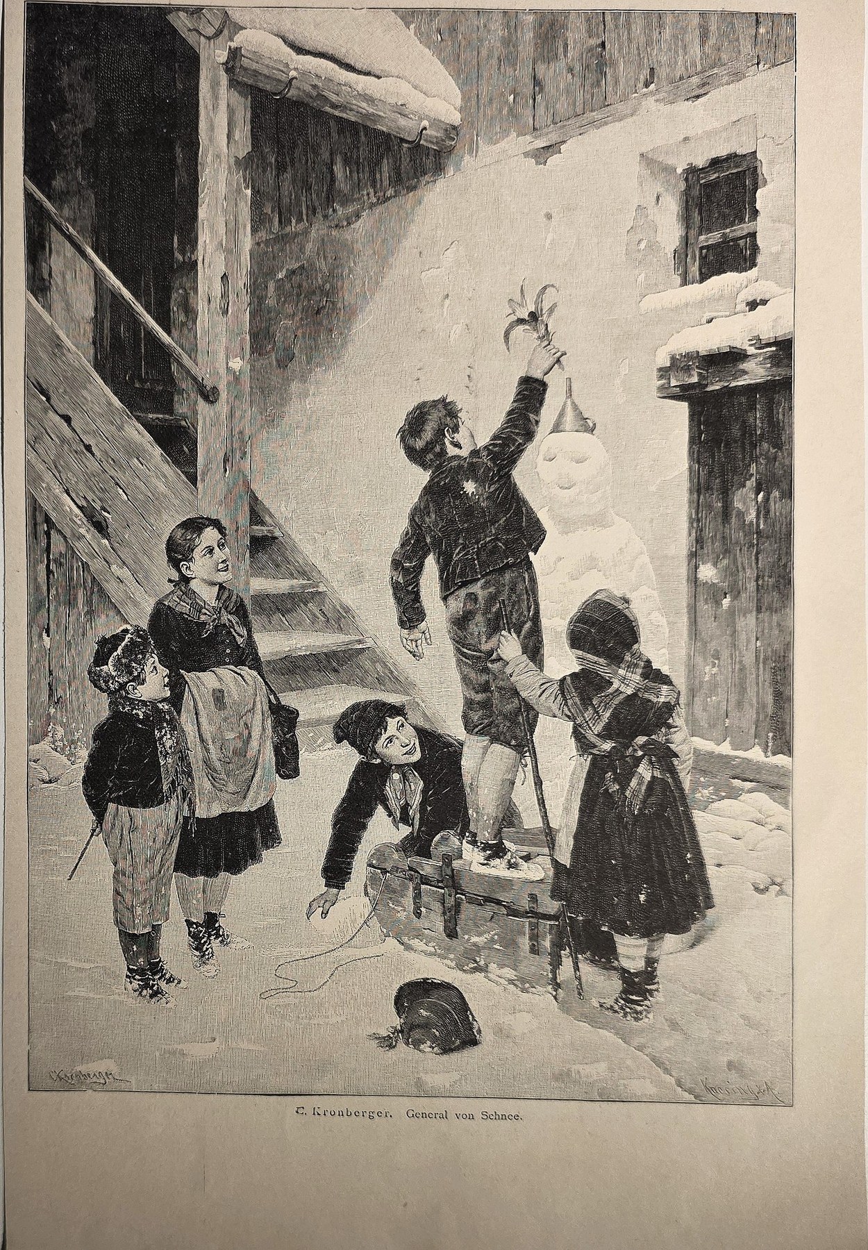Kinder bauen einen Schneemann im Hof