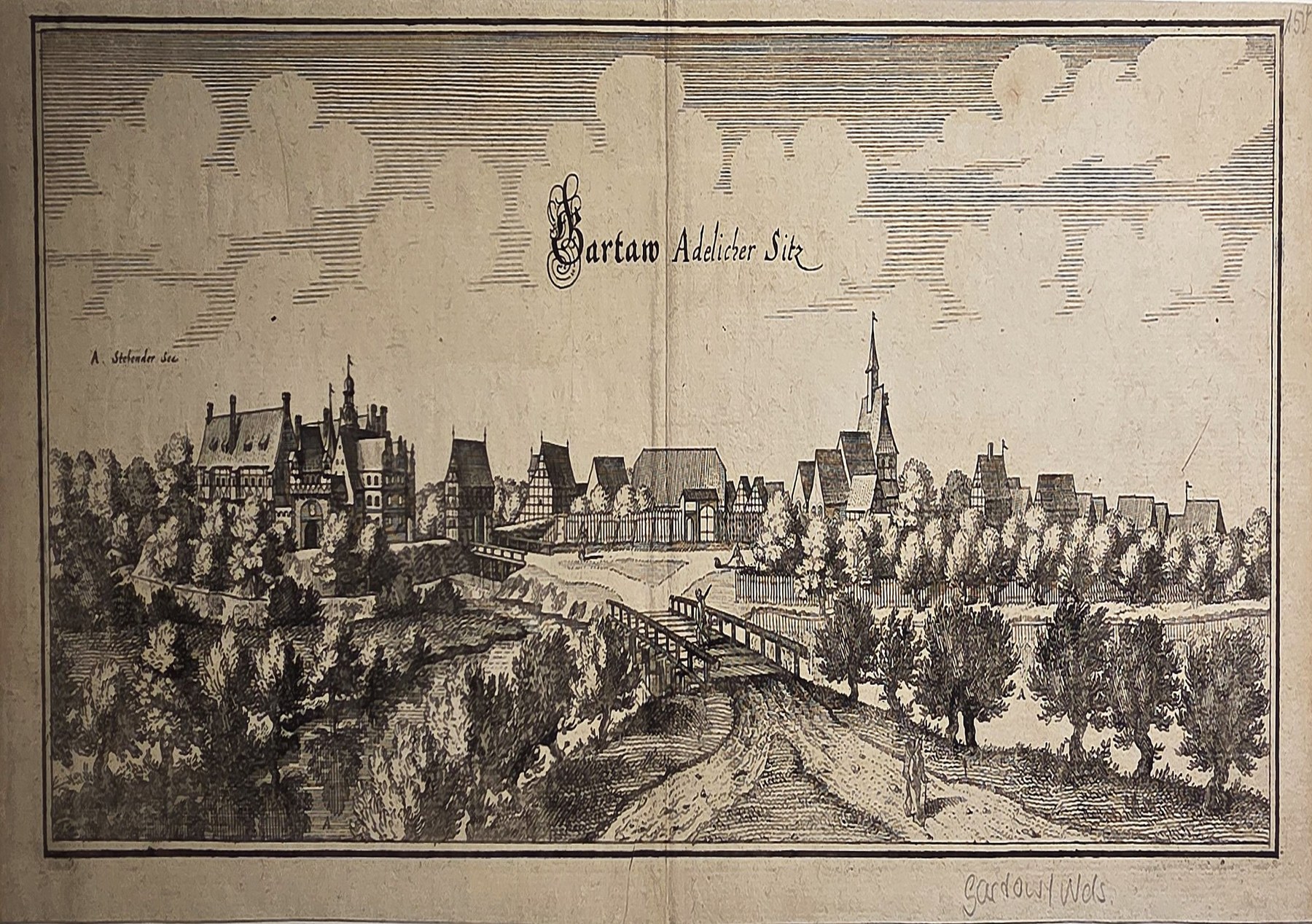 Historische Ortsdarstellung – Stadtpanorama mit Türmen und vorgelagerter Landschaft