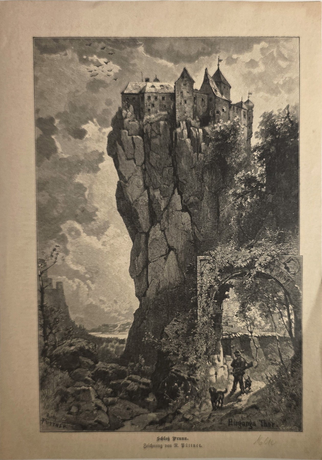 Felsnadel mit Burg und Figuren