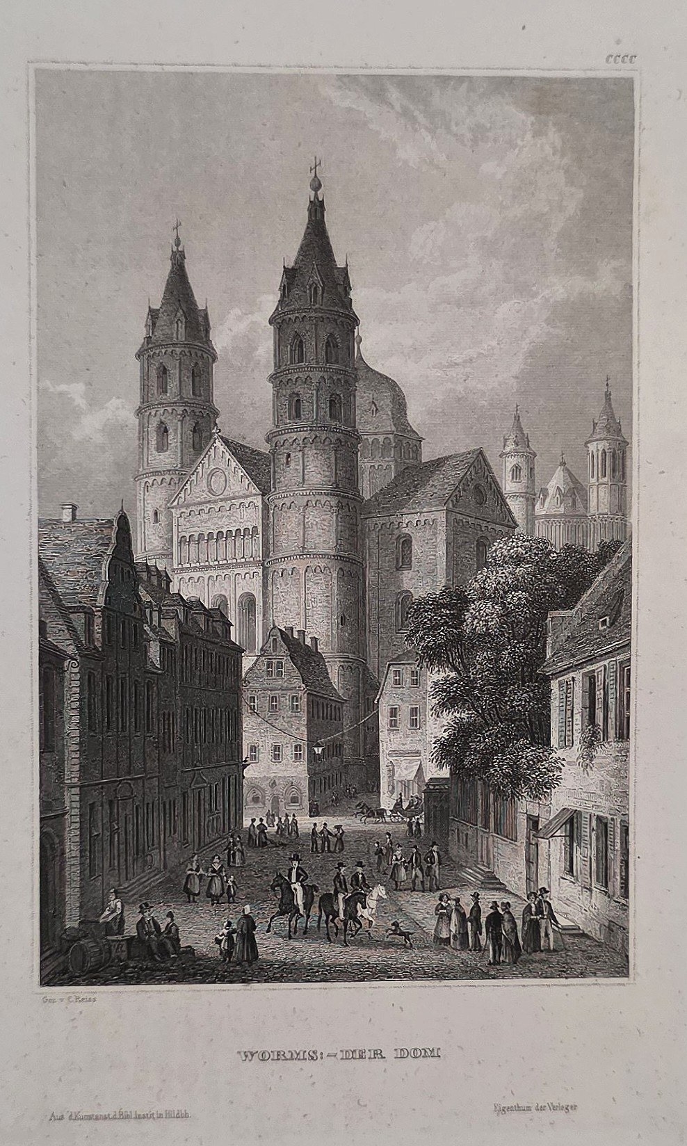 Sakrale historische Darstellung – Doppeltürmige Kirche in enger Stadtstraße