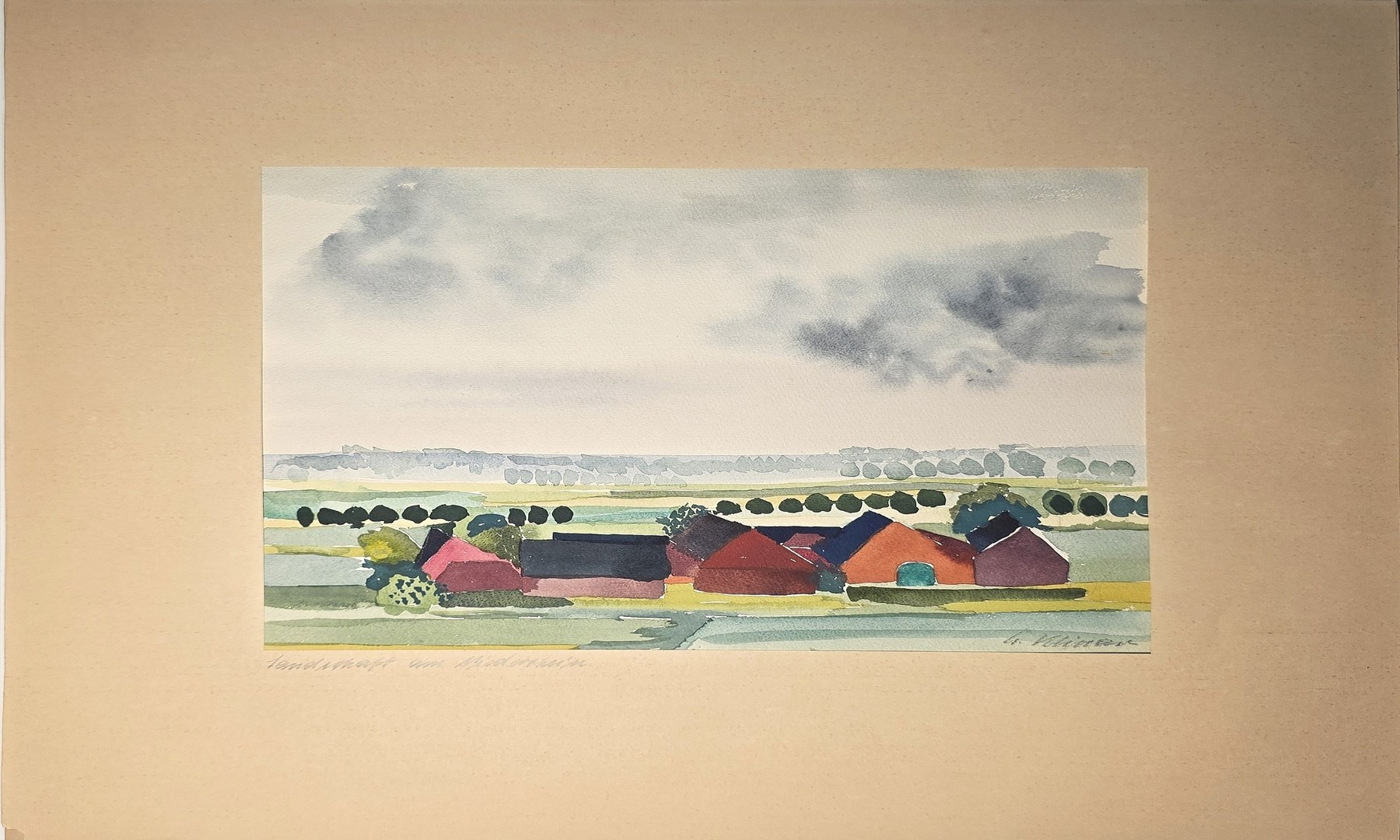 Aquarell mit roten Scheunen unter weitem Wolkenhimmel