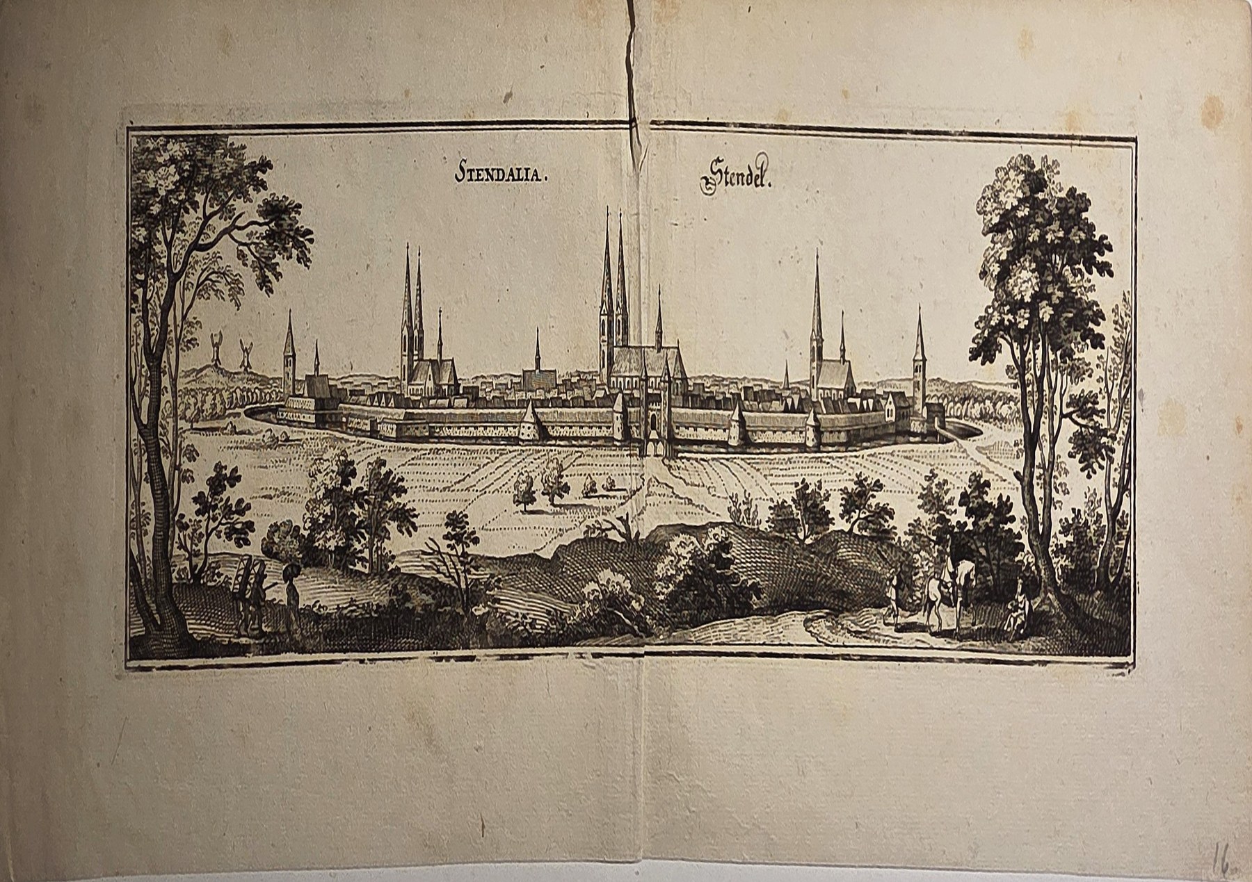 Fernblick auf Stadt mit hohen Kirchtürmen