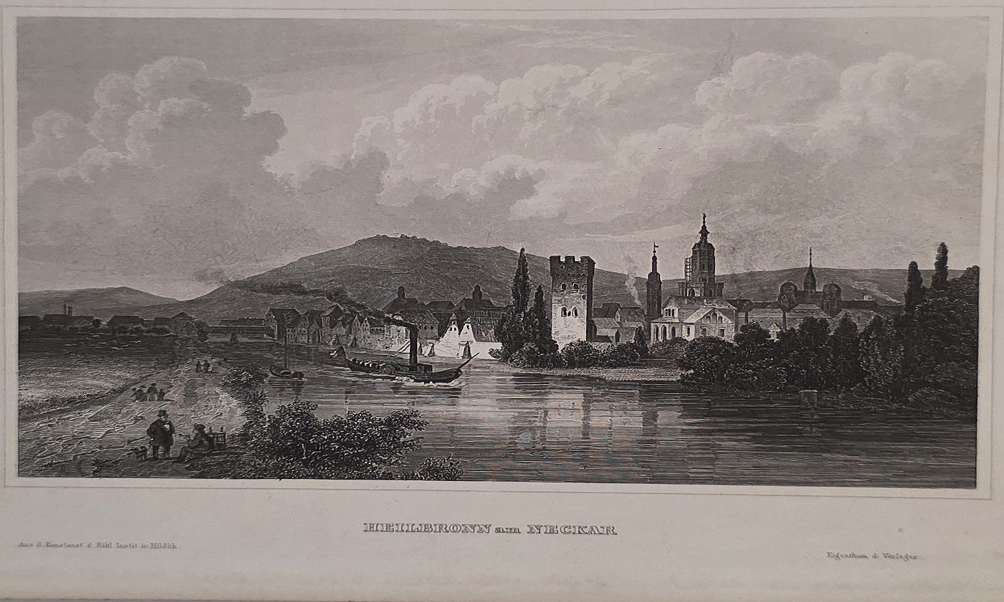 Flussstadt mit Kirche und Burgruine