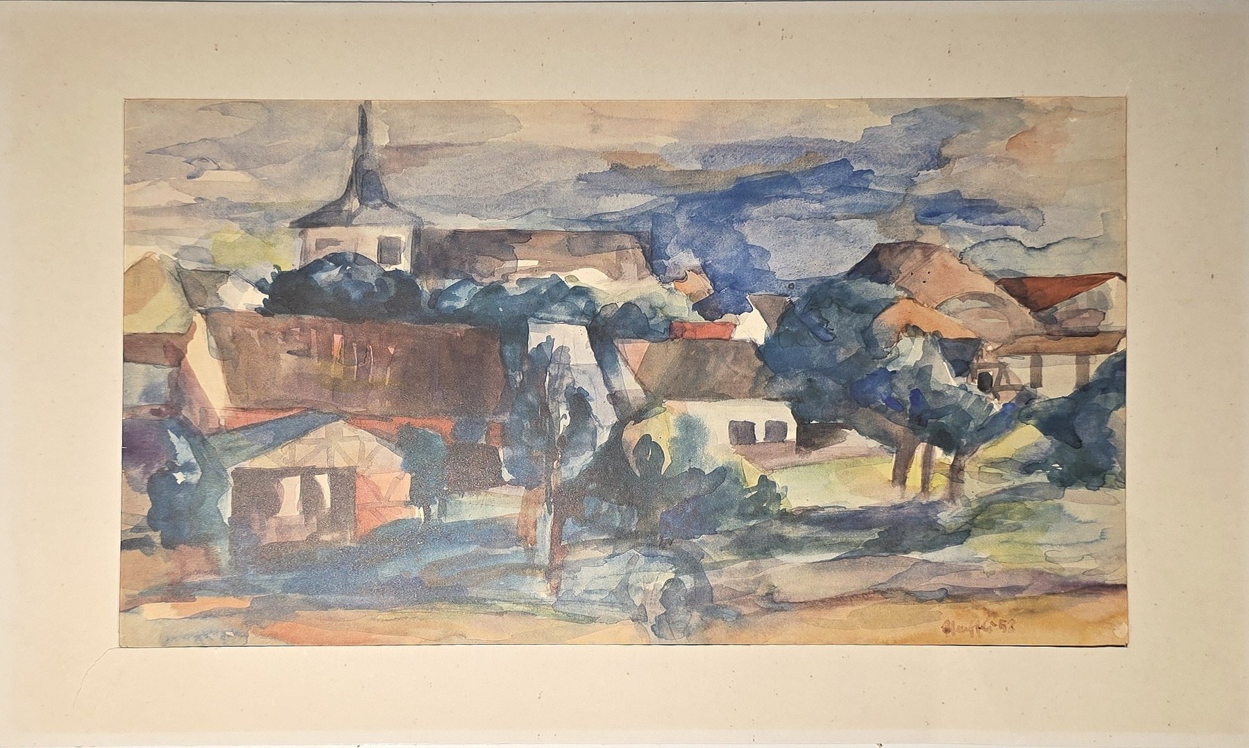 Historische Darstellung – Aquarell mit dörflicher Häusergruppe und Kirchturm