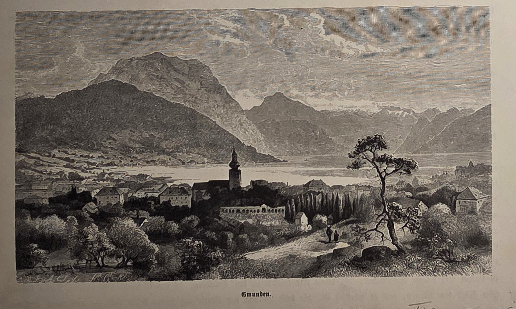 Historische Landschaftsdarstellung – Ortschaft vor mächtiger Bergkulisse