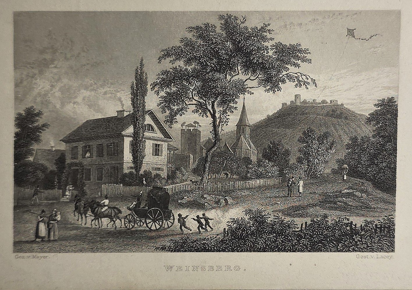 Landschaft mit Landhaus, Baumgruppe und Kutsche