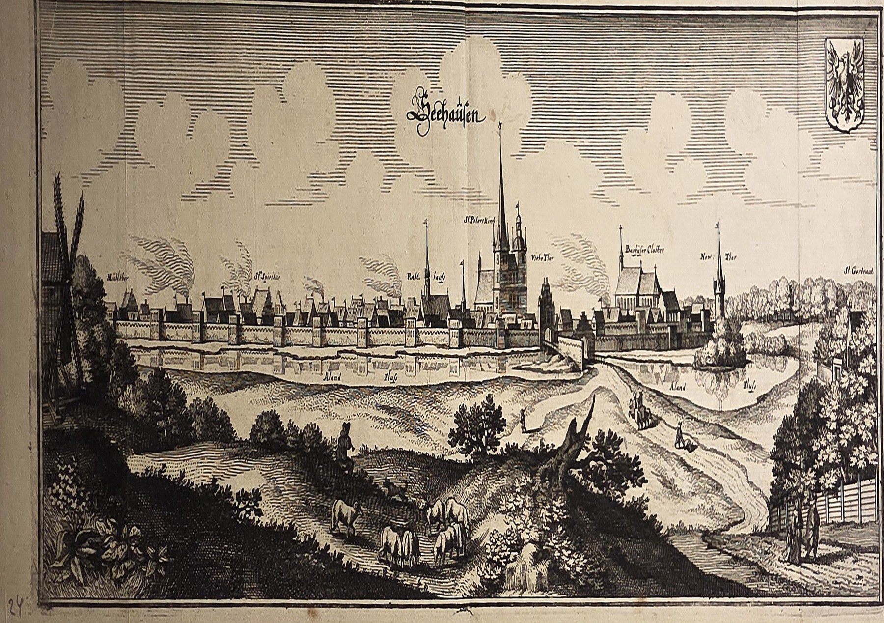 Befestigte Stadtansicht mit Fluss und Wegen