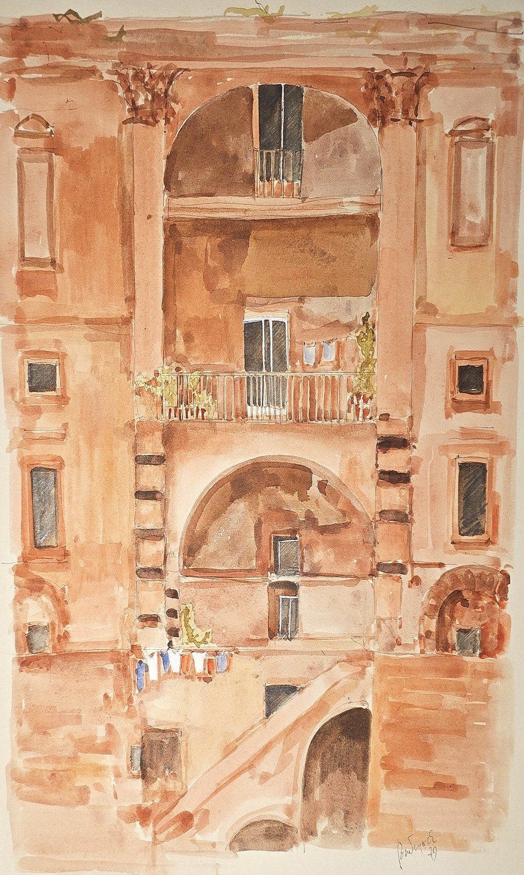 Historische Architekturdarstellung – Aquarell mit mehrgeschossiger Fassade und Balkonen