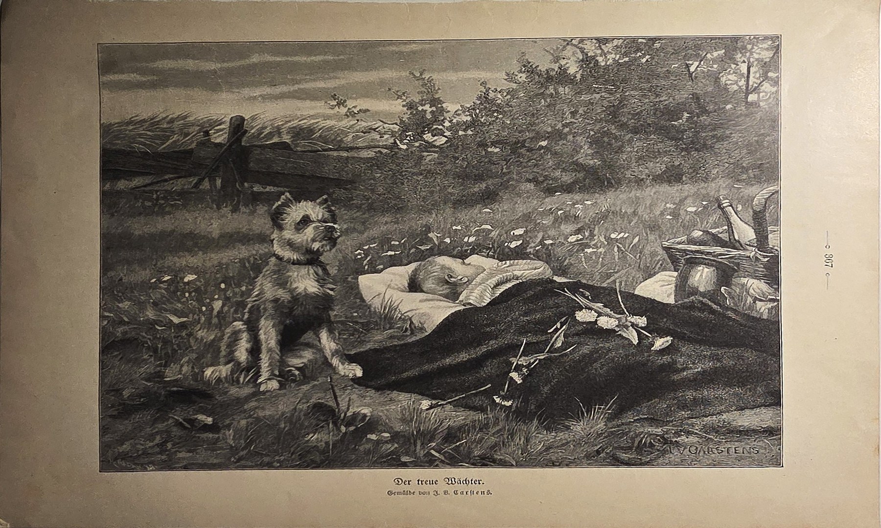 Historische Darstellung – Jagdhund an Bachufer mit erlegtem Wild