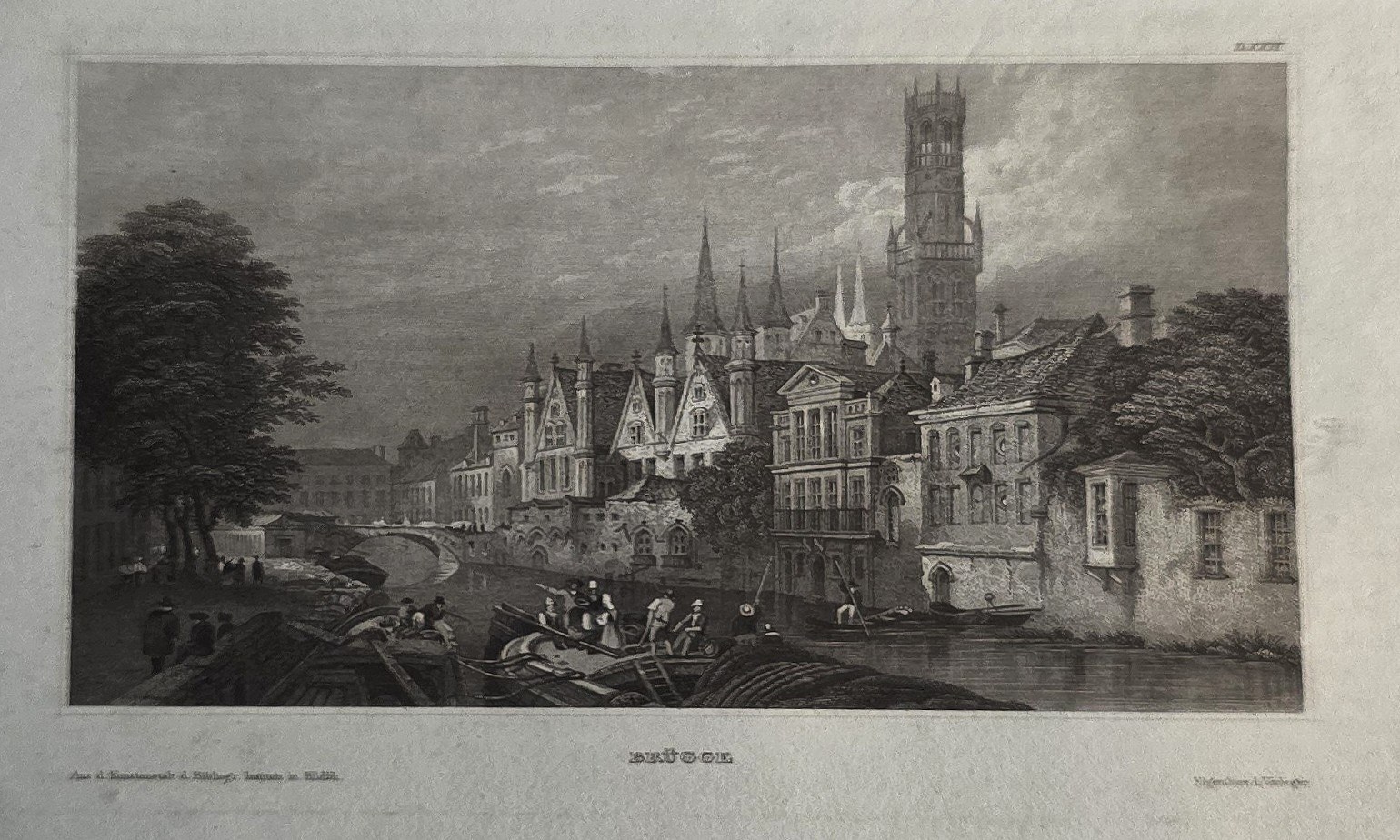 Historische Ortsdarstellung – Stadtansicht mit Turm über Wasser