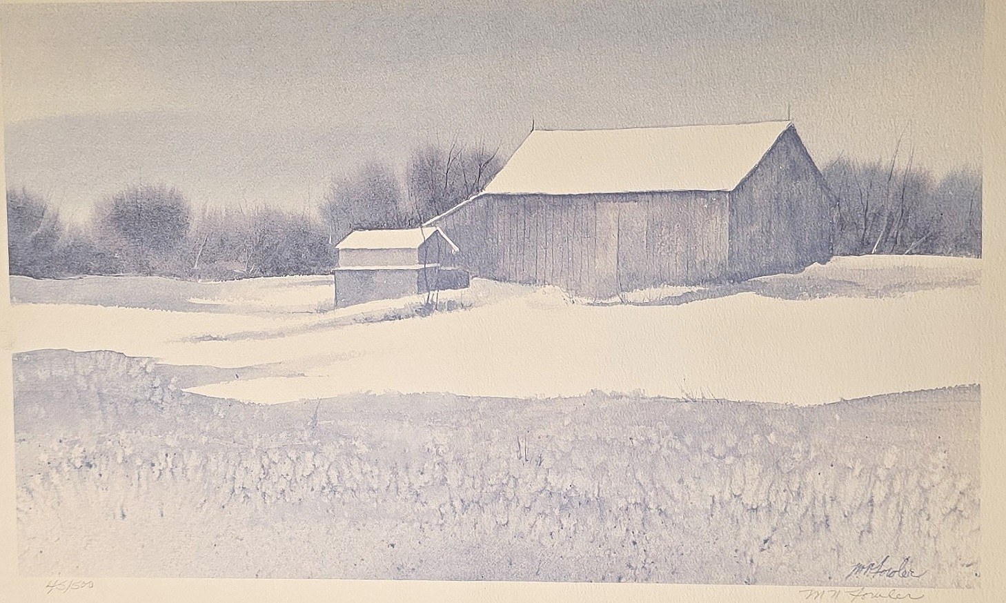Aquarell mit verschneiten Scheunen und Feldern