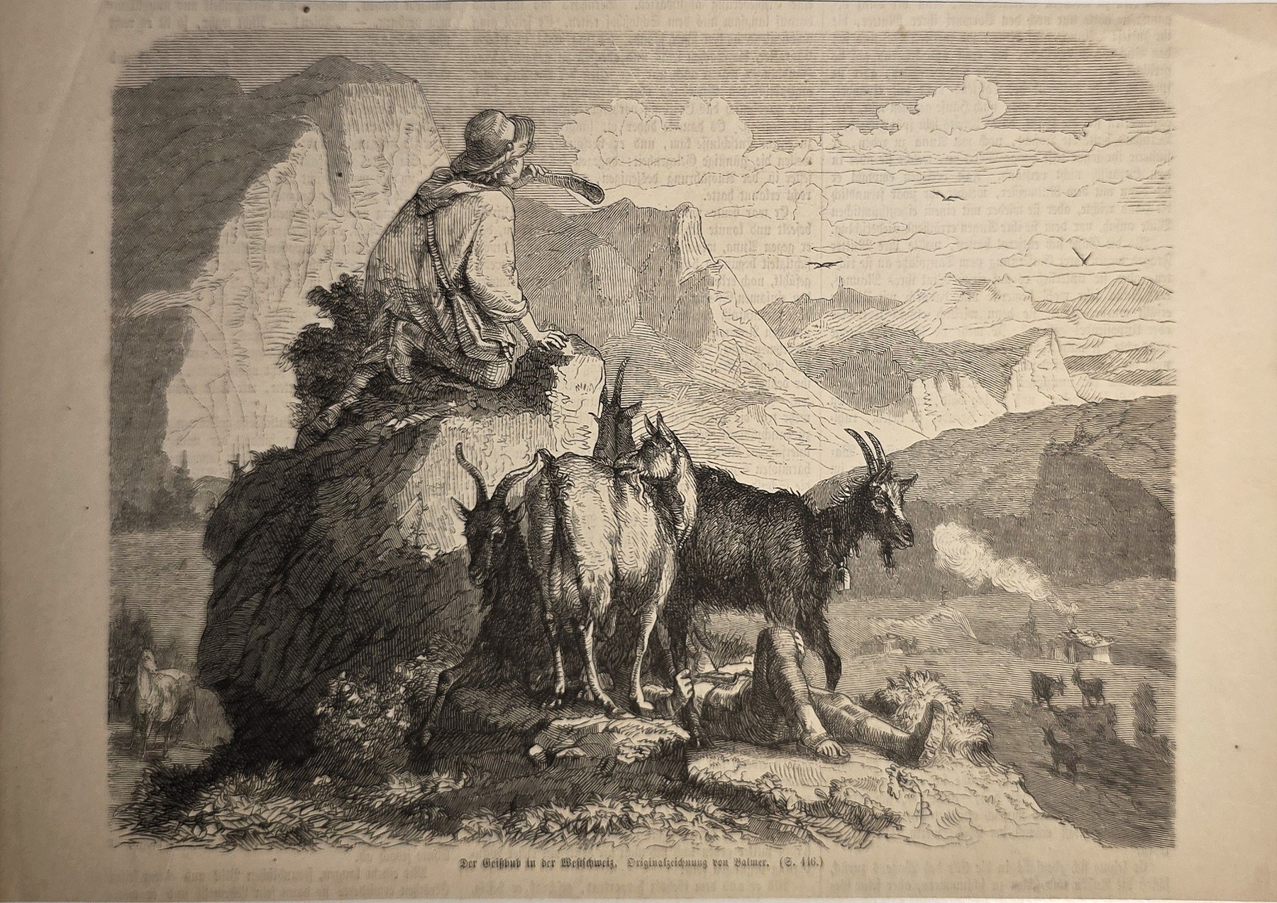 Hirte mit Ziegen vor Bergen
