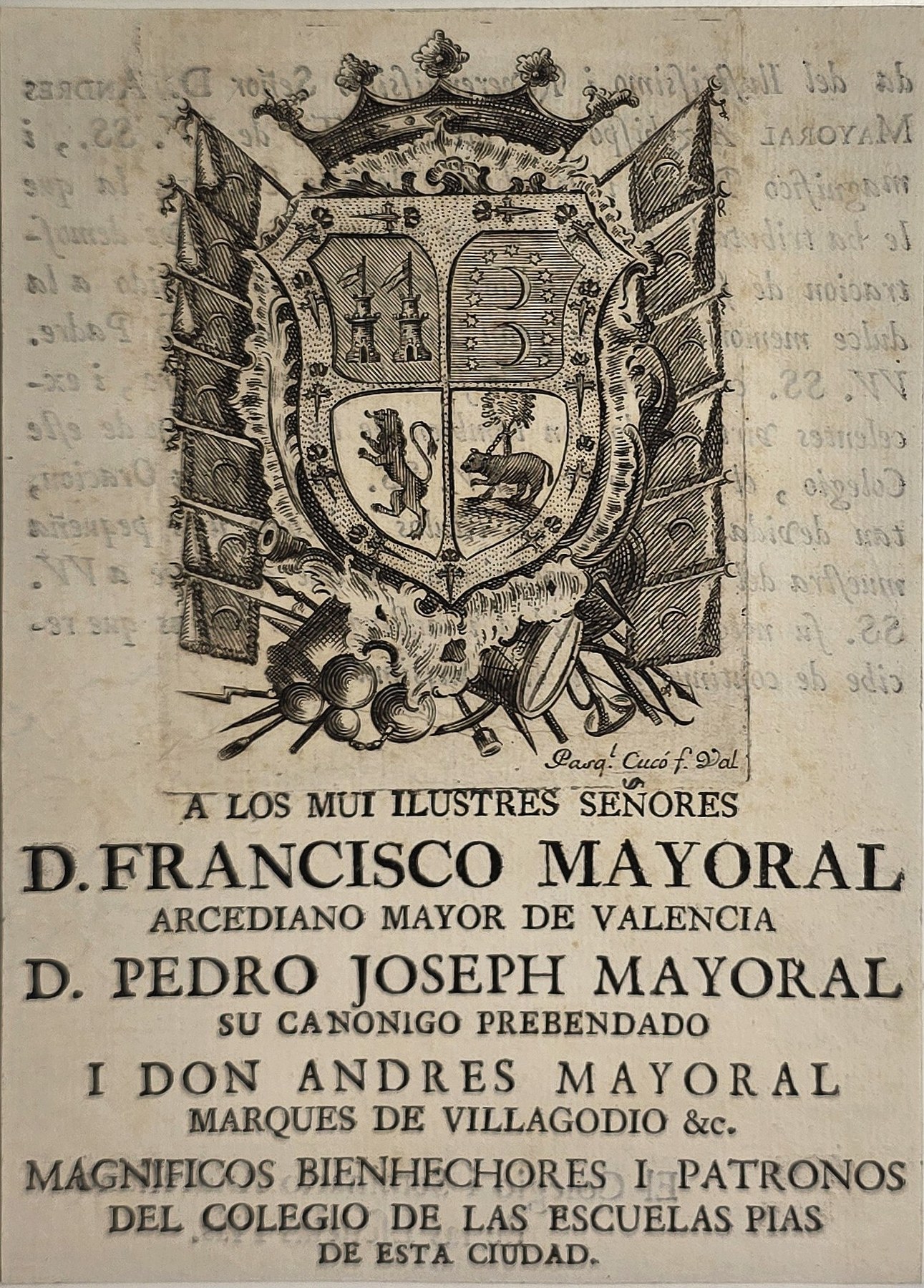 Historische Darstellung – Wappenblatt mit großer spanischer Widmungsinschrift