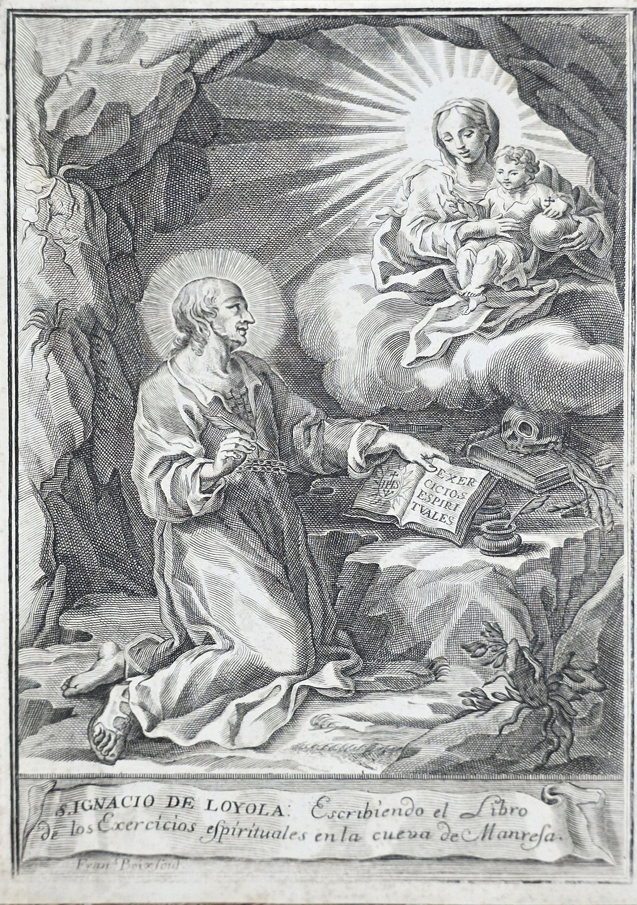 Kniender Heiliger vor Madonna in Wolken