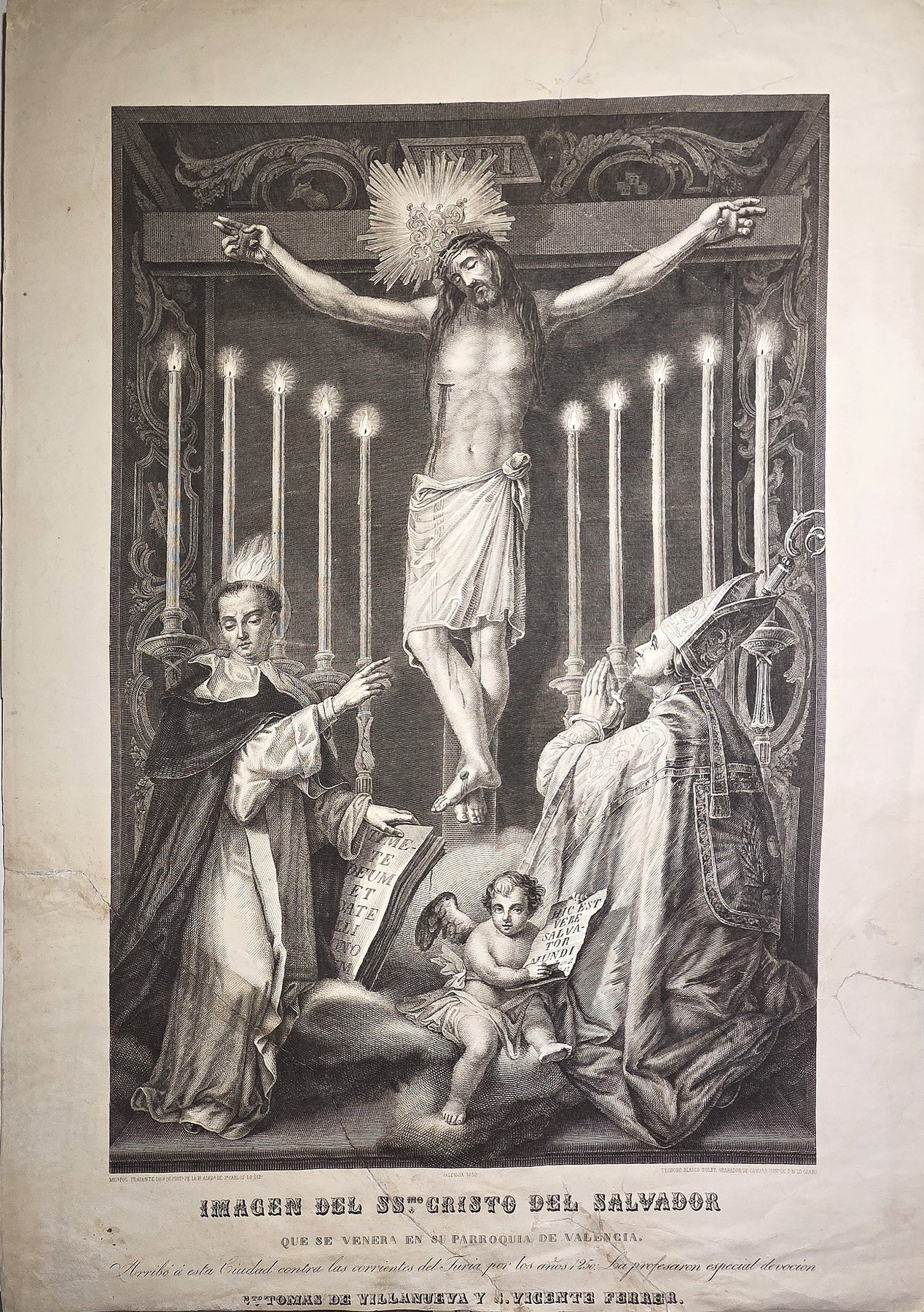 Sakrale historische Darstellung – Christusfigur zwischen Leuchtern und betenden Gestalten