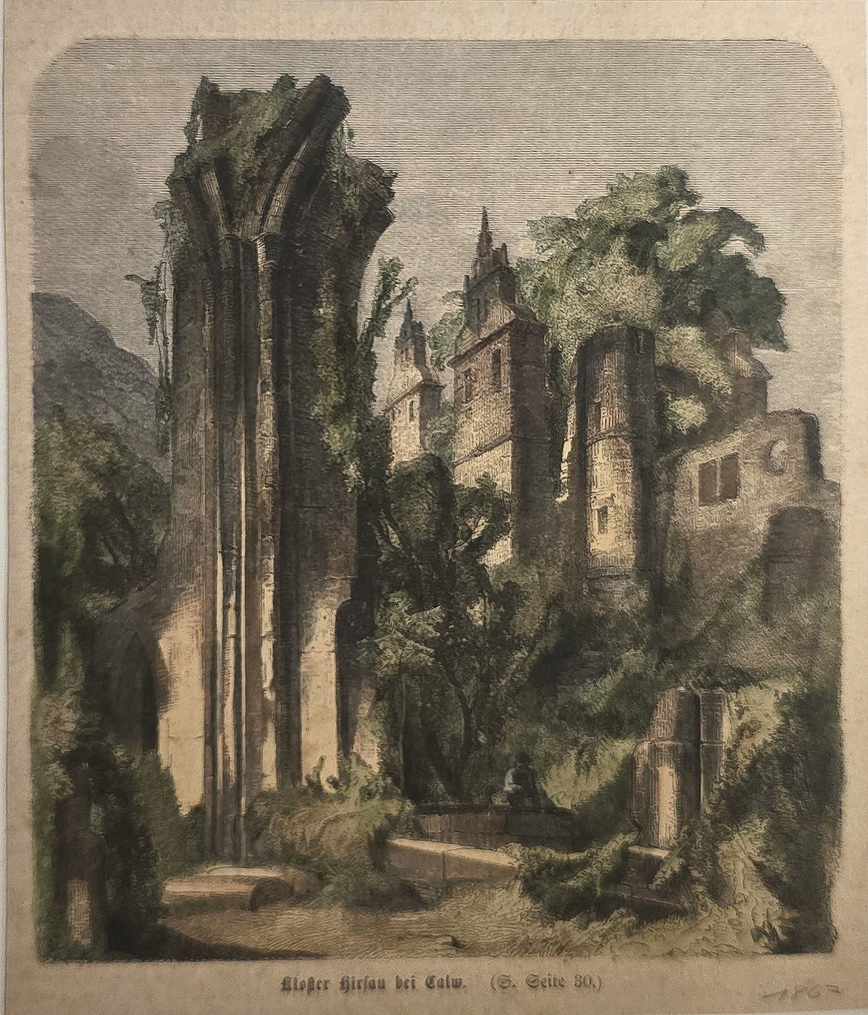 Historische Architekturdarstellung – Ruinenarchitektur zwischen Bäumen