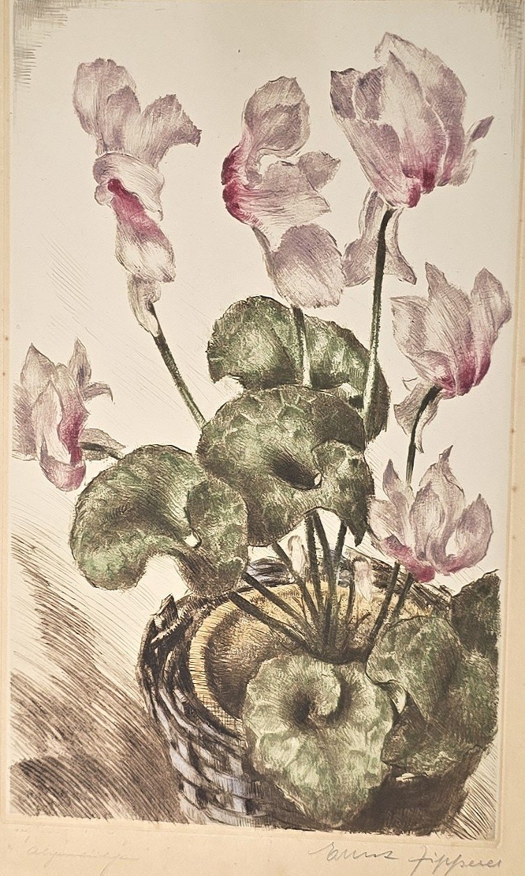 Aquarell mit violetten Alpenveilchen im Topf