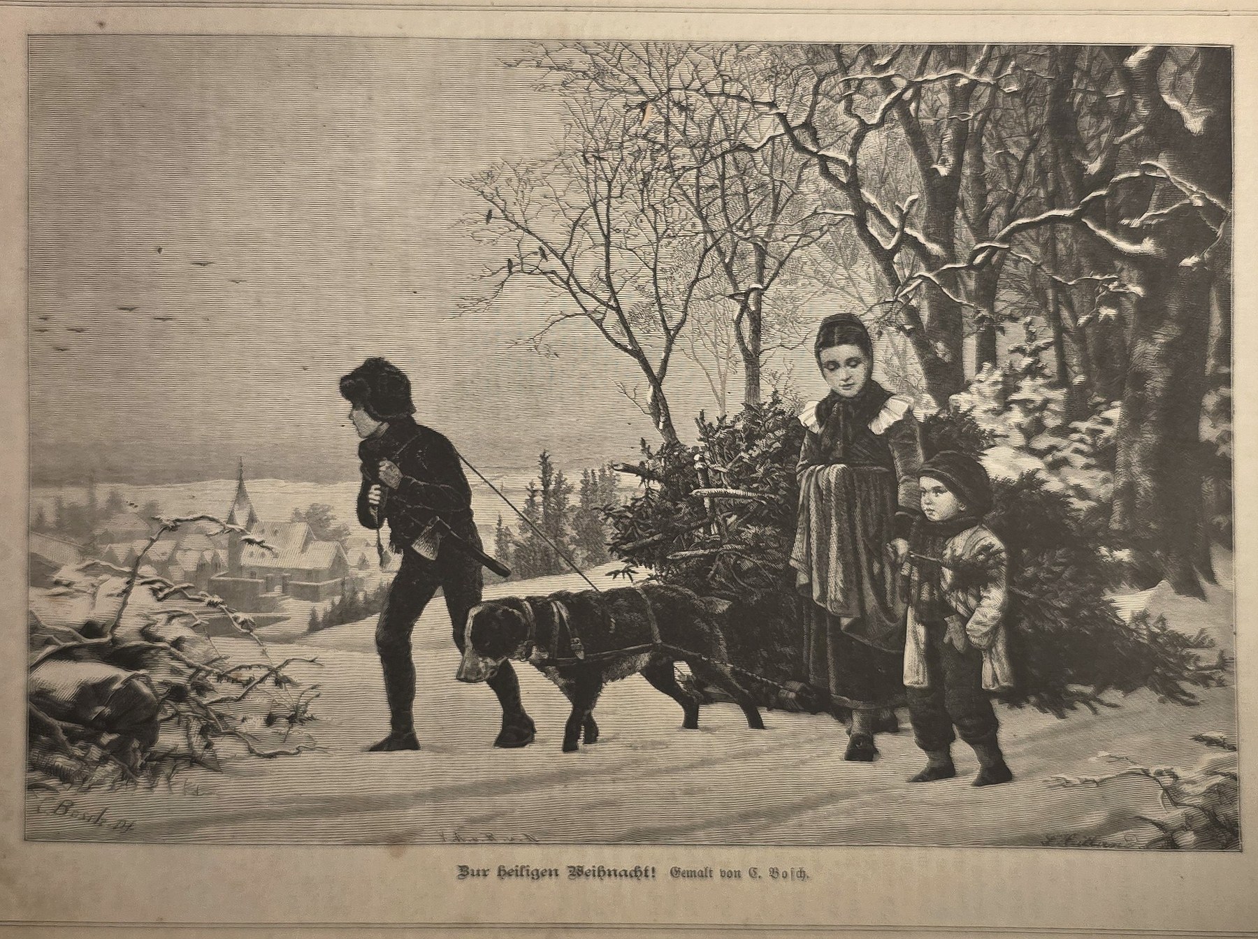 Kinder mit kleiner Ziege im Schnee