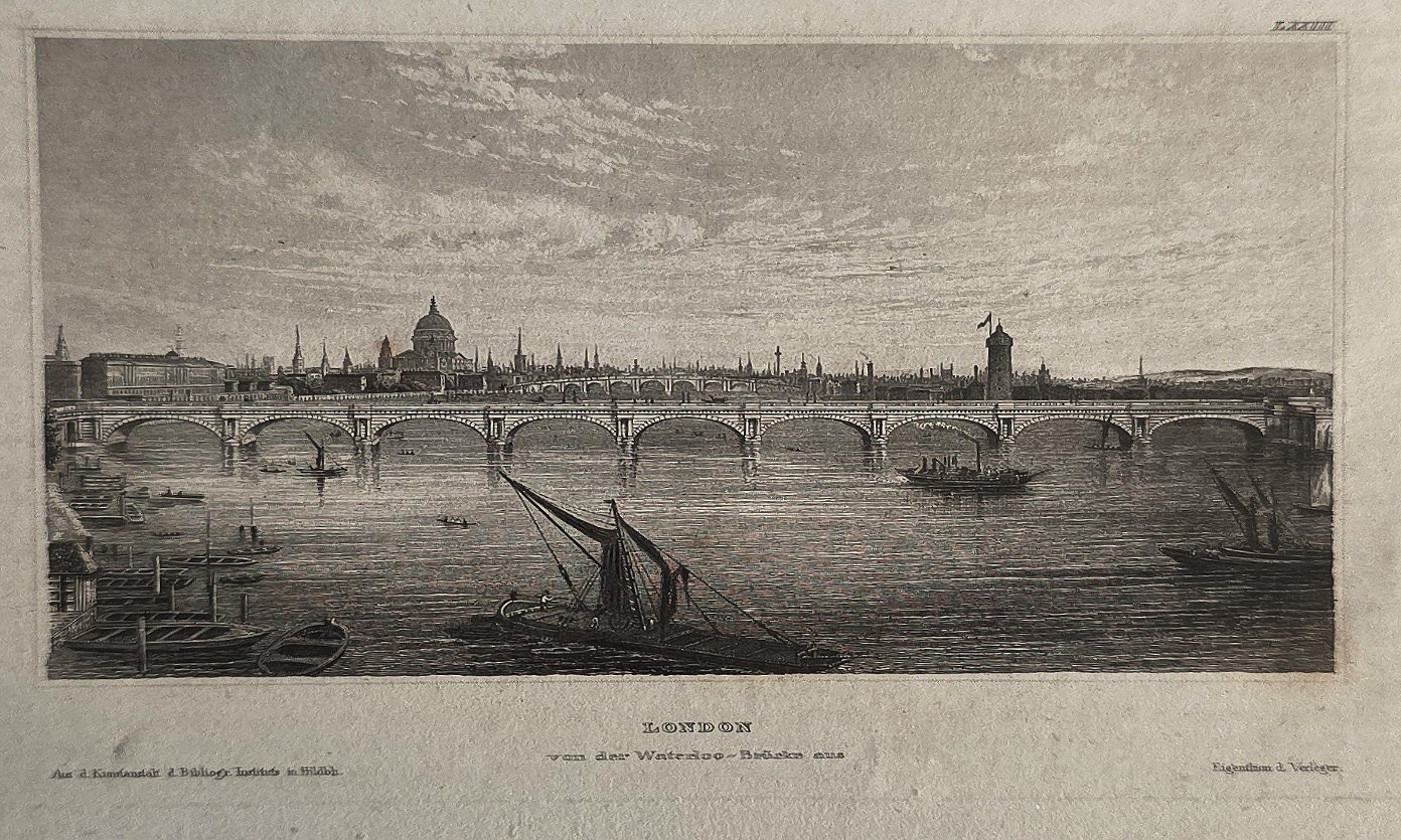 Historische Architekturdarstellung – Breiter Fluss mit langer Brücke