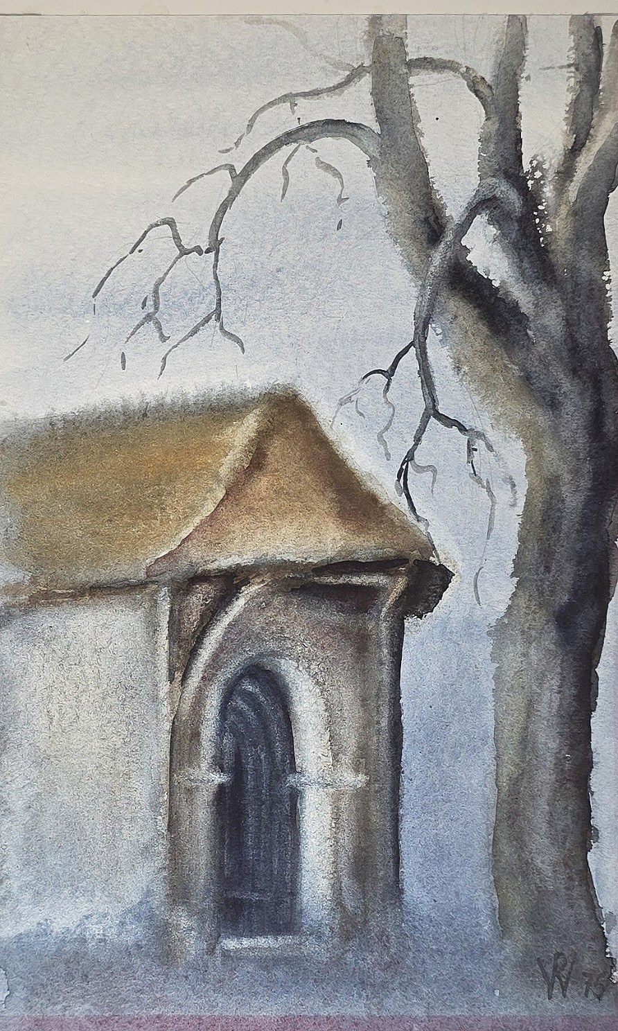 Aquarell mit kleiner Kapelle unter kahlem Baum