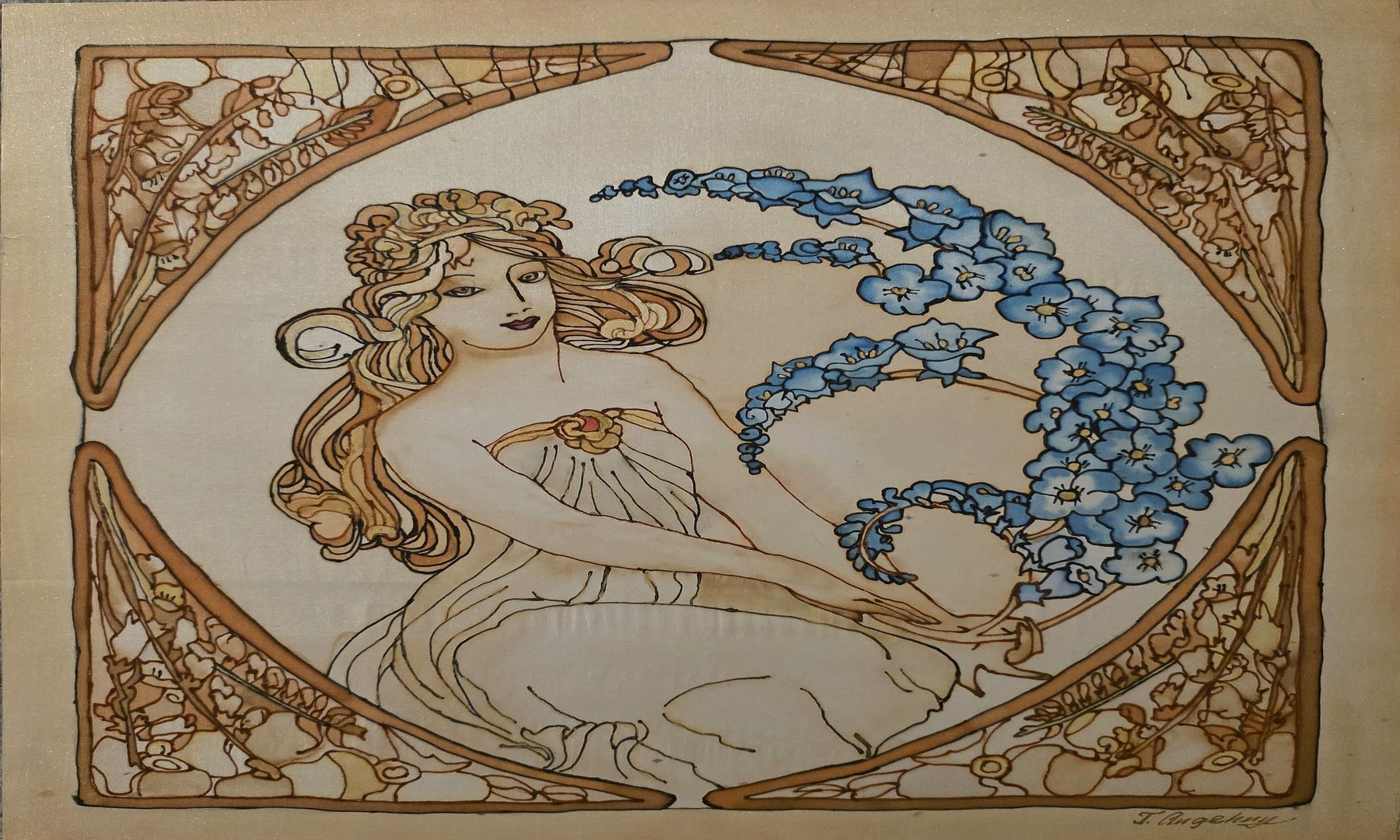 Historische figürliche Darstellung – Dekorative Jugendstilgrafik mit Frauenprofil und Blüten