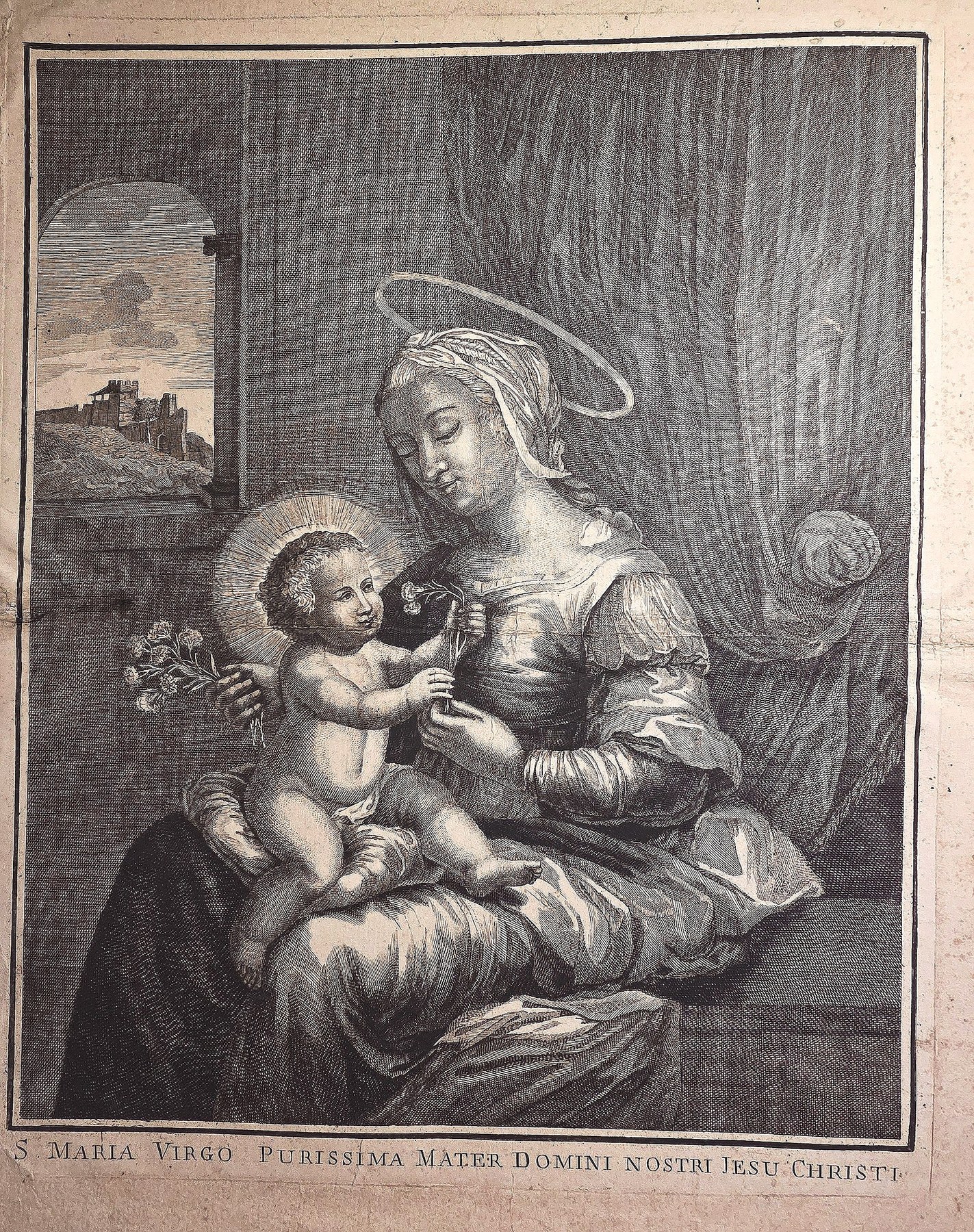 Historische Landschaftsdarstellung – Madonnen- mit Kind vor Vorhang und Landschaftsausblick