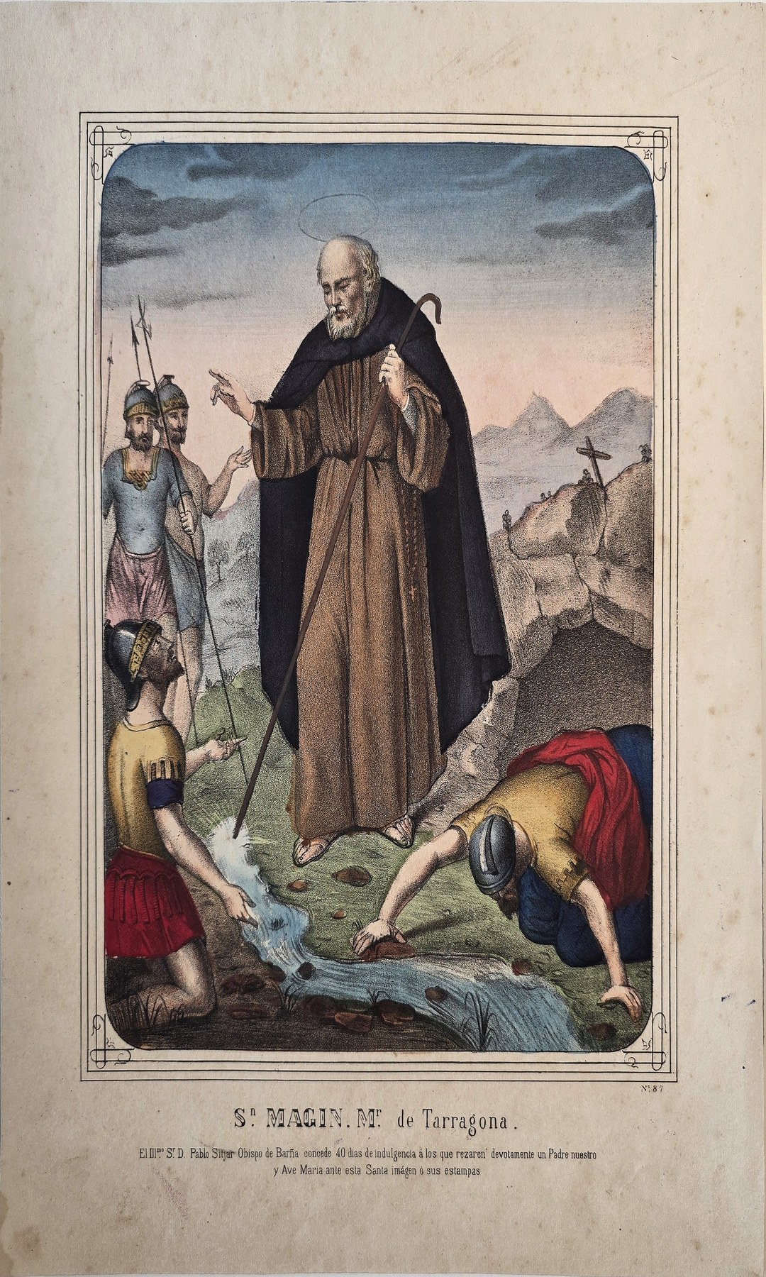 Ordensmann mit Begleitfiguren und gestürzter Person