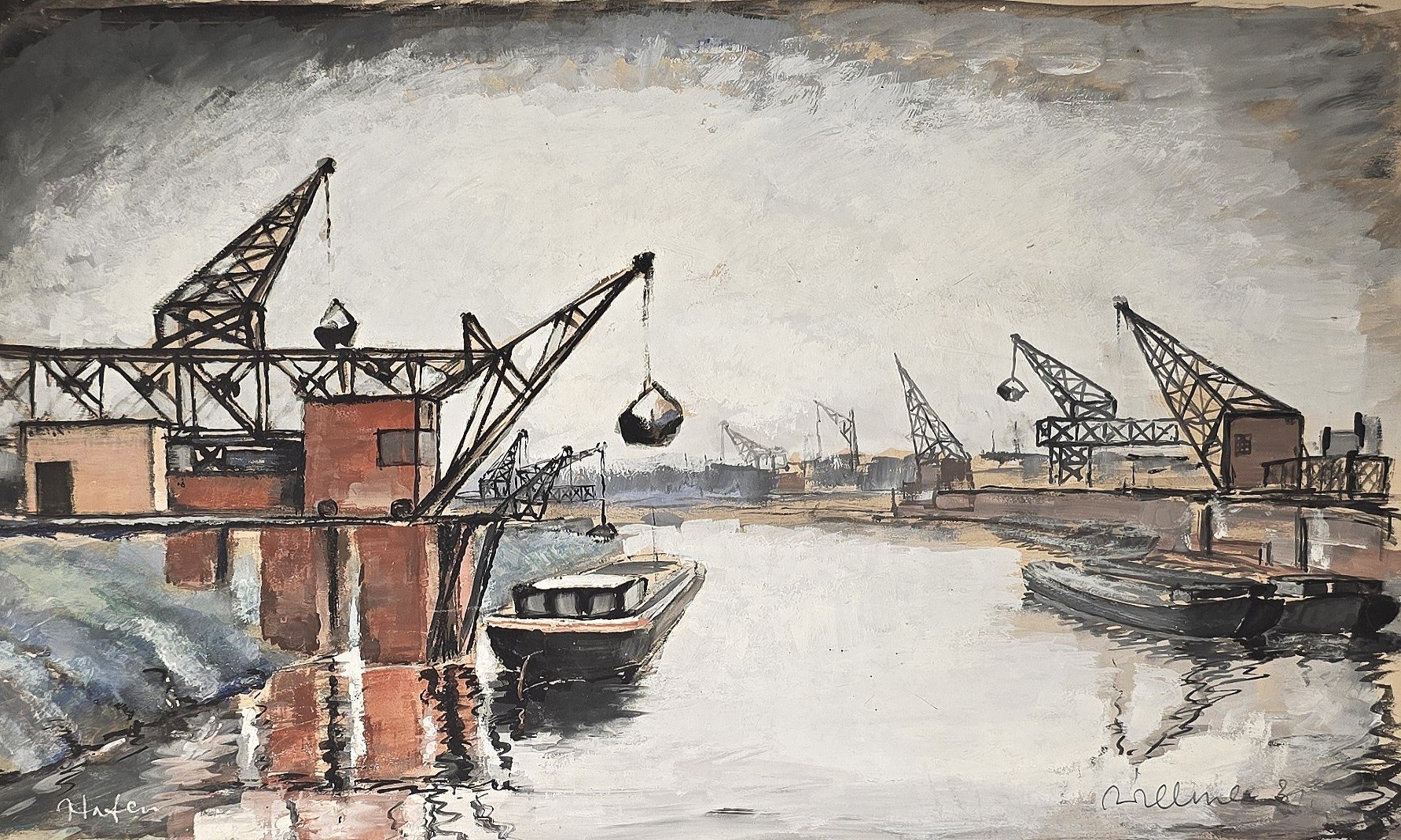 Aquarell mit Hafenkränen und Booten