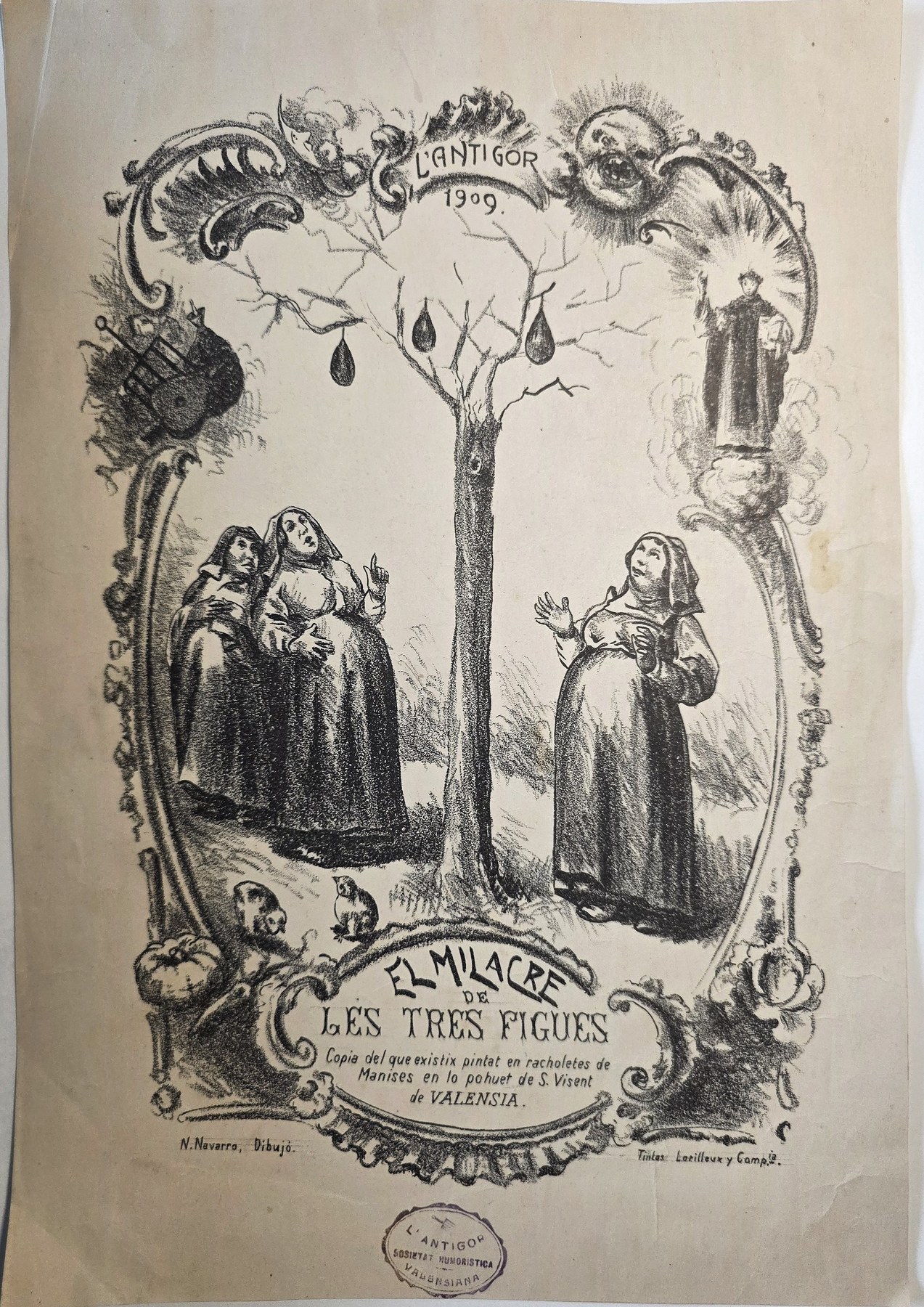 Ornamentales Andachtsblatt mit drei weiblichen Figuren