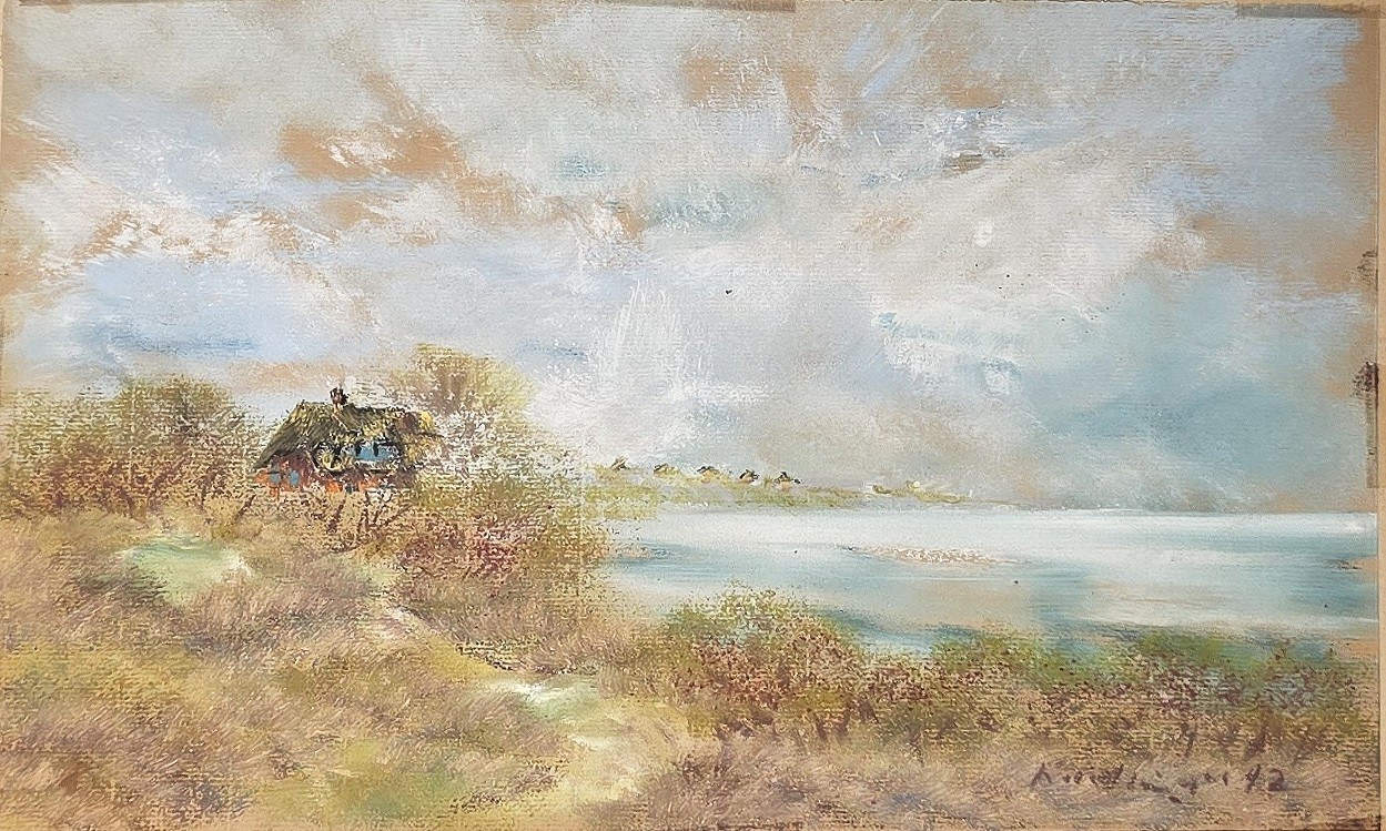 Aquarell mit hellem Ufer und bewegtem Wolkenhimmel
