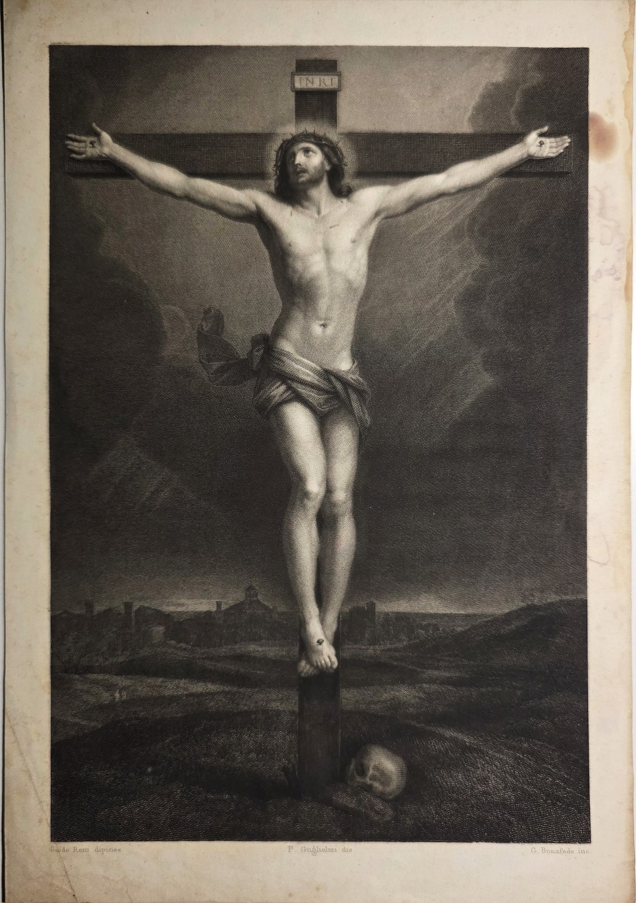 Sakrale historische Darstellung – Christus am Kreuz vor dunkler Landschaft