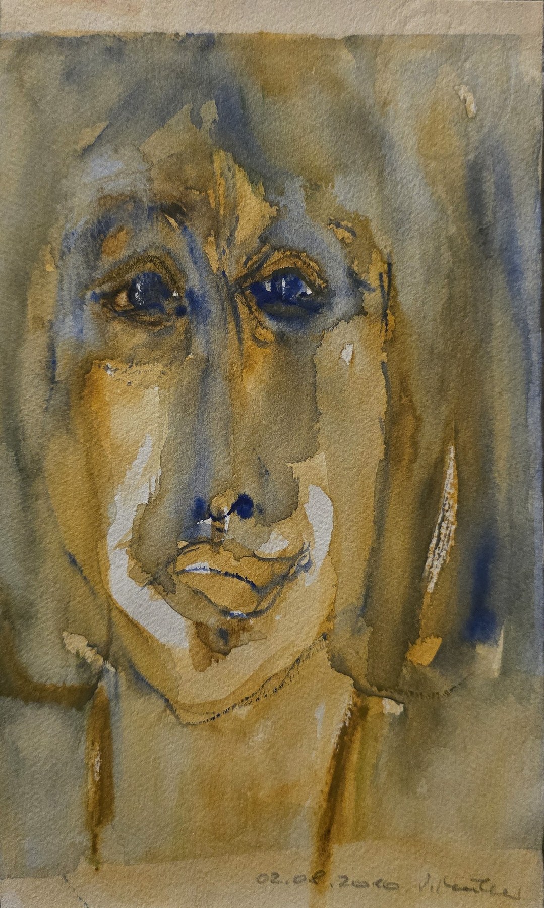 Expressive Porträtgrafik mit blau betonten Augen