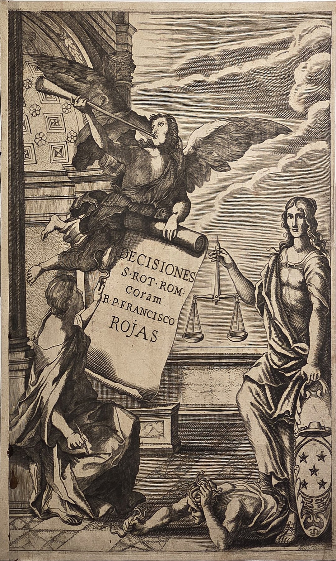 Allegorisches Titelblatt mit Waage und Schriftstein