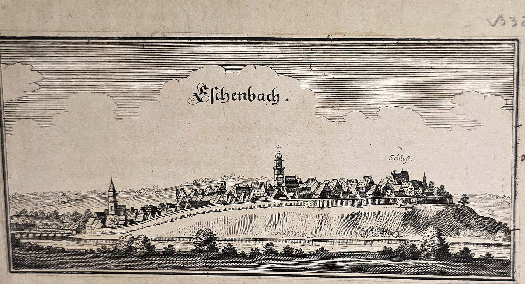 Ansicht einer befestigten Siedlung mit Ortsbezeichnung