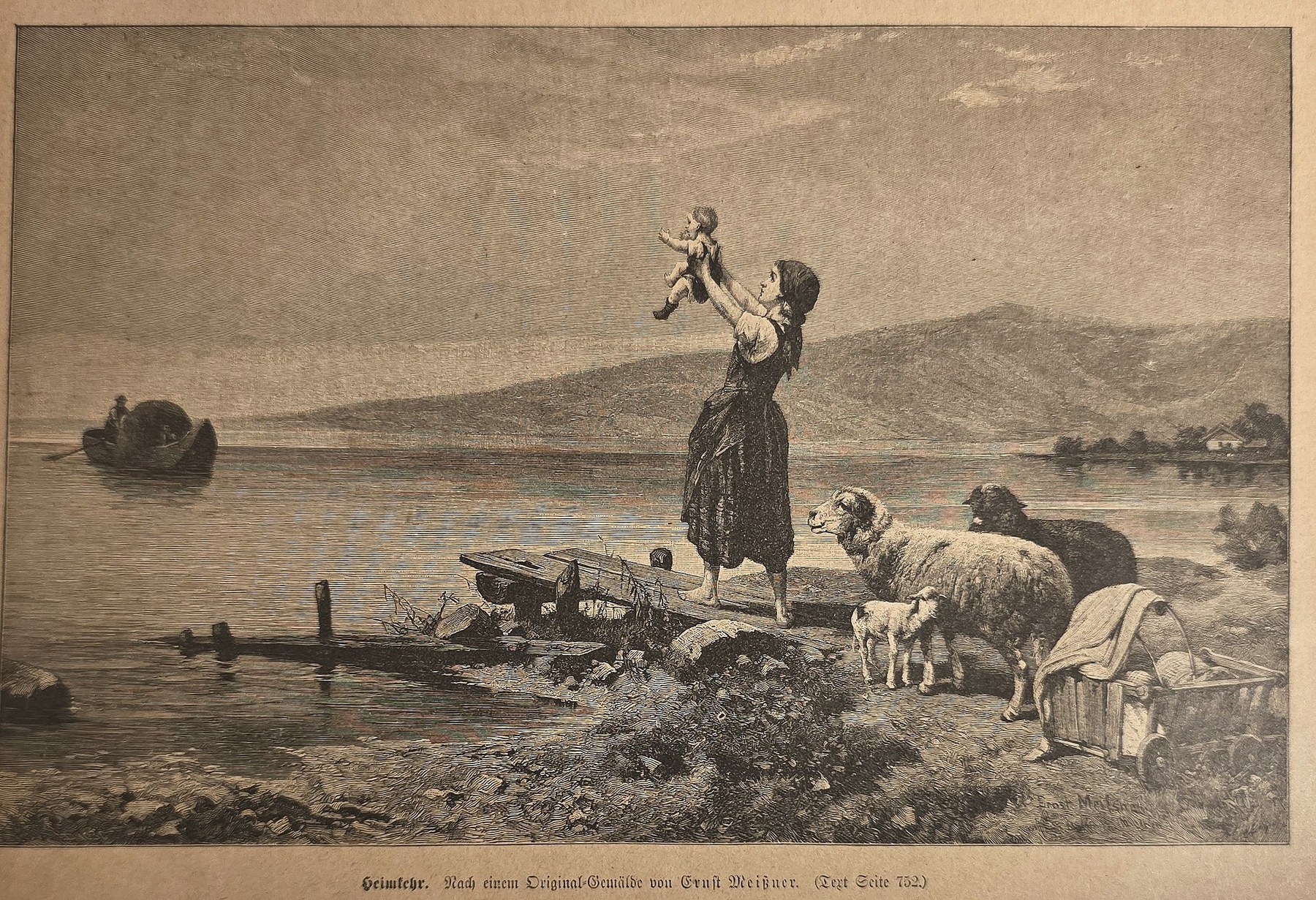 Hirtin mit Tierherde am Wasser
