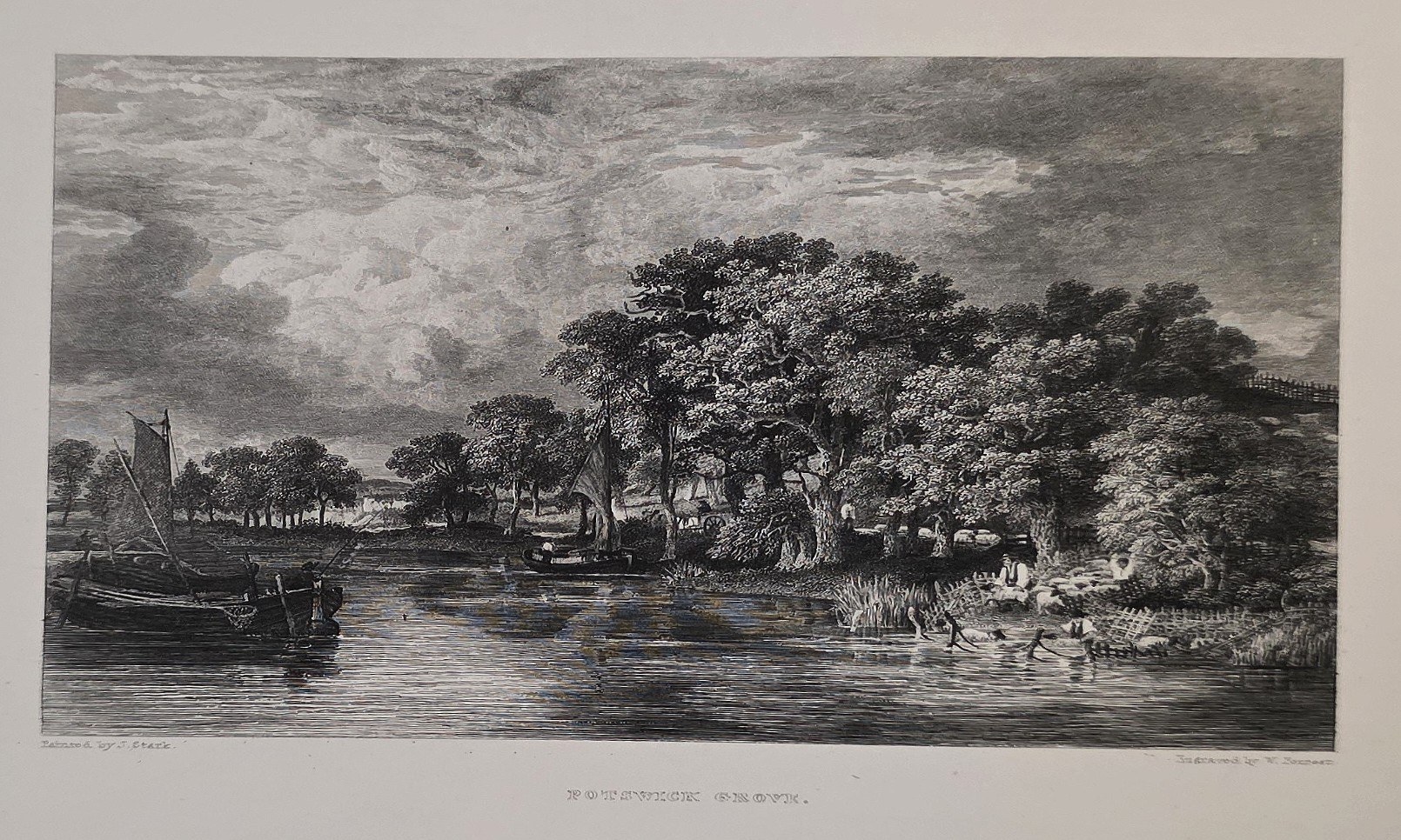 Historische Landschaftsdarstellung – Flusslandschaft mit dichtem Baumbestand