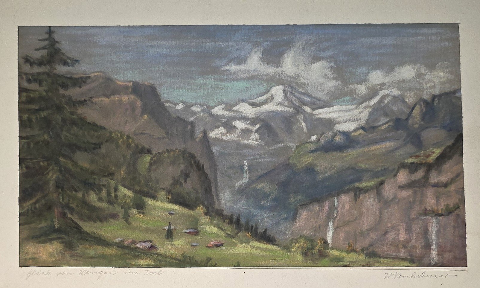 Aquarell mit dramatischem Gebirgstal