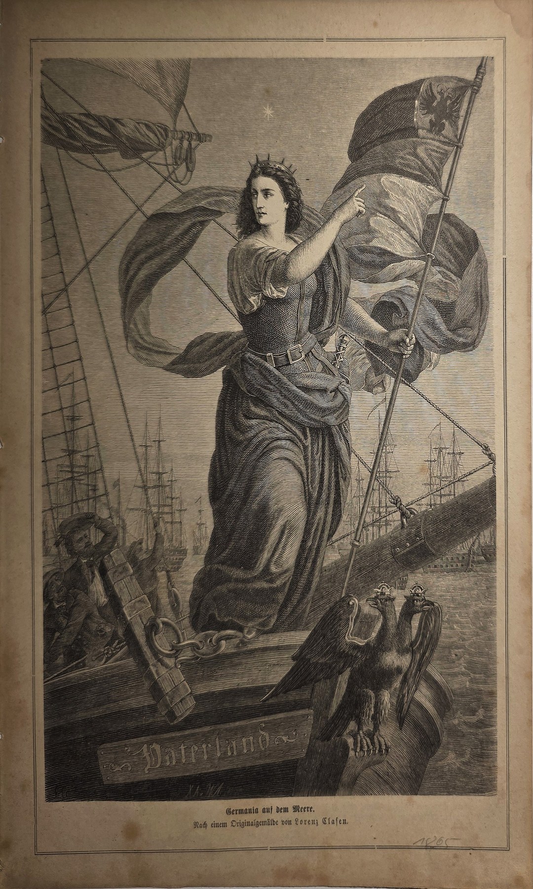 Allegorische Frauengestalt vor maritimem Hintergrund