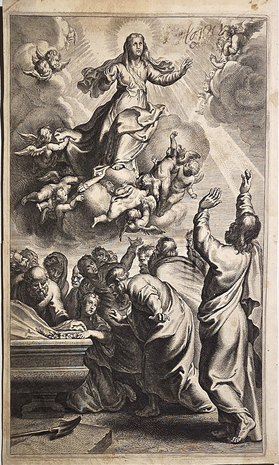 Christus über betender Menge mit Engeln
