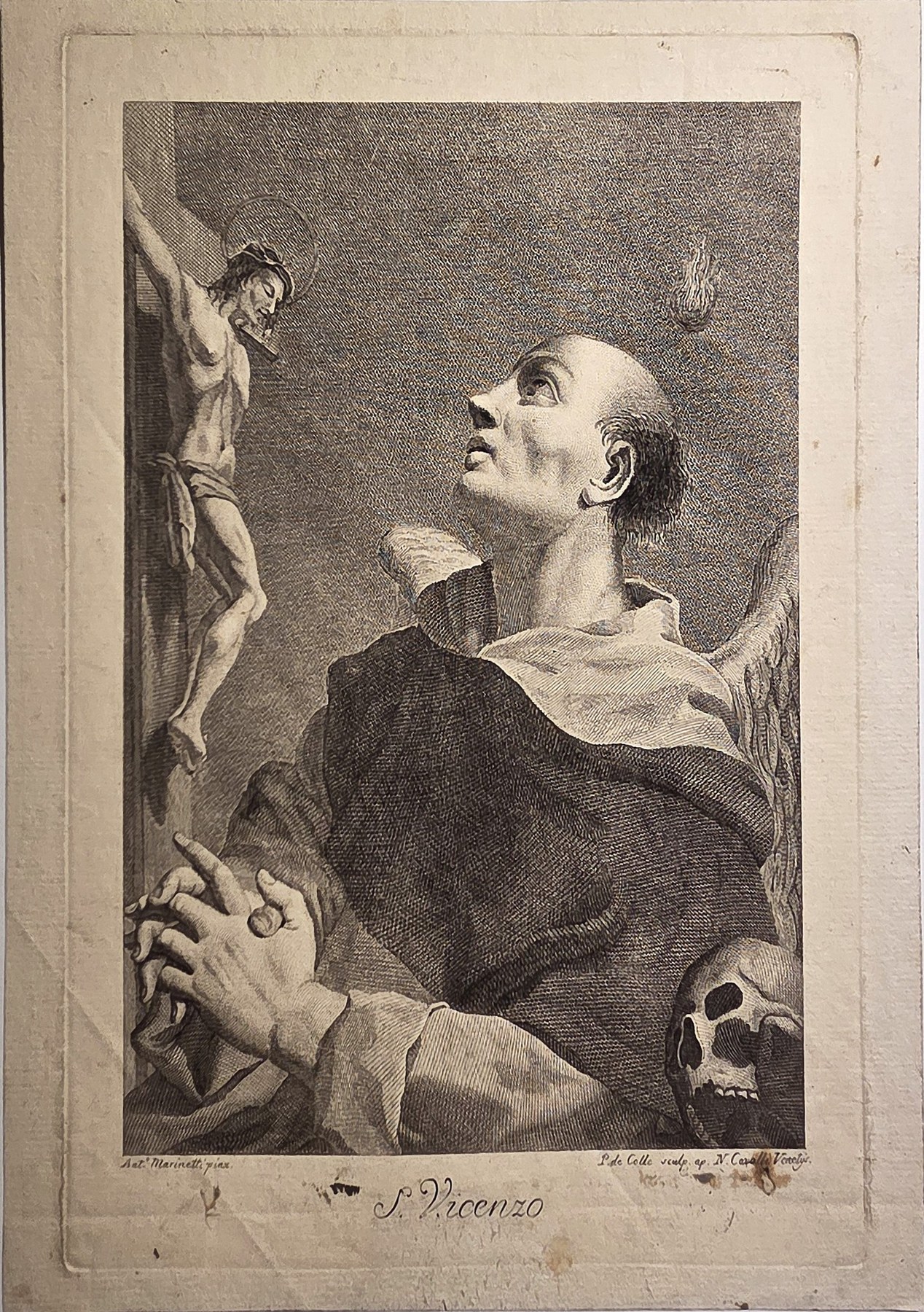 Betender Ordensheiliger mit Kreuz und Totenschädel