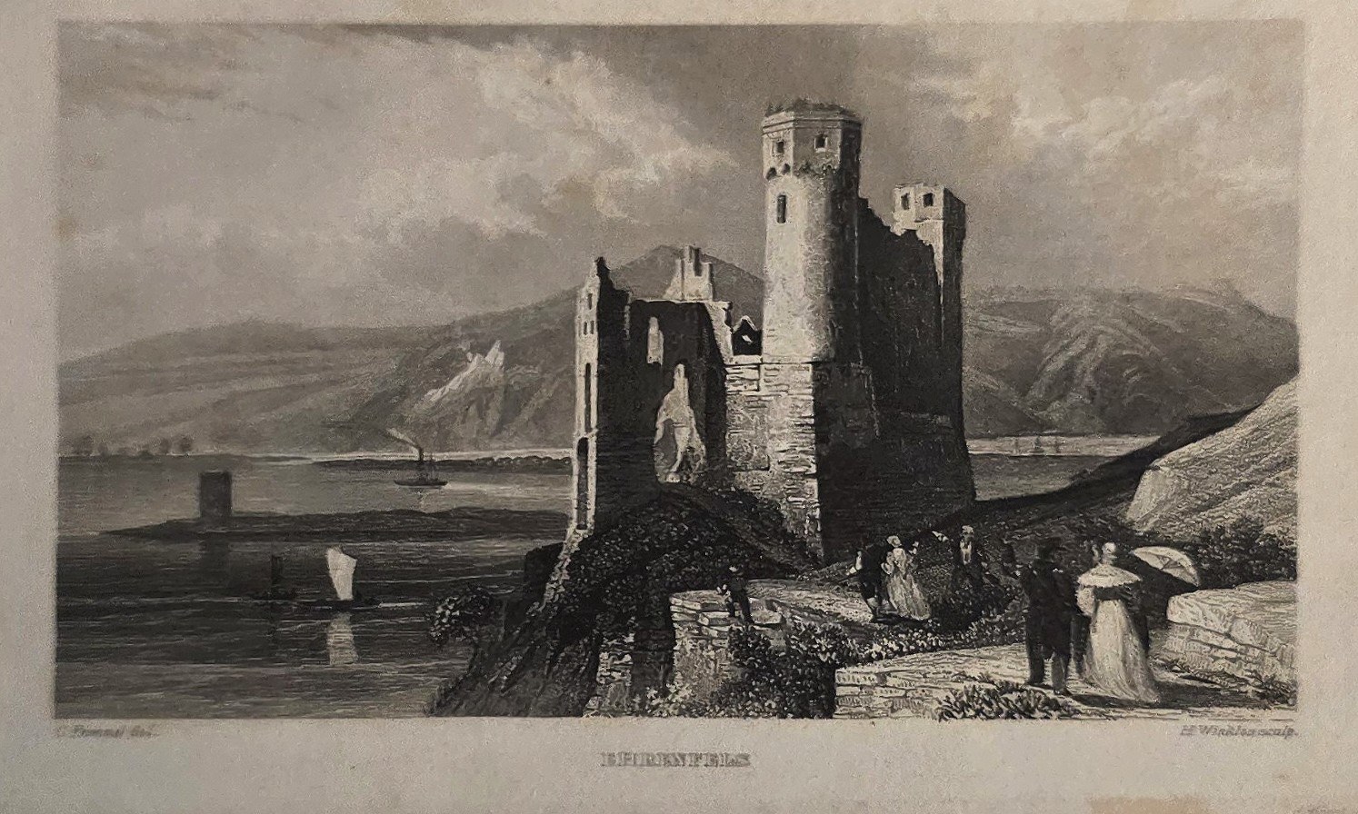 Burg am Fluss mit Boot und Figuren