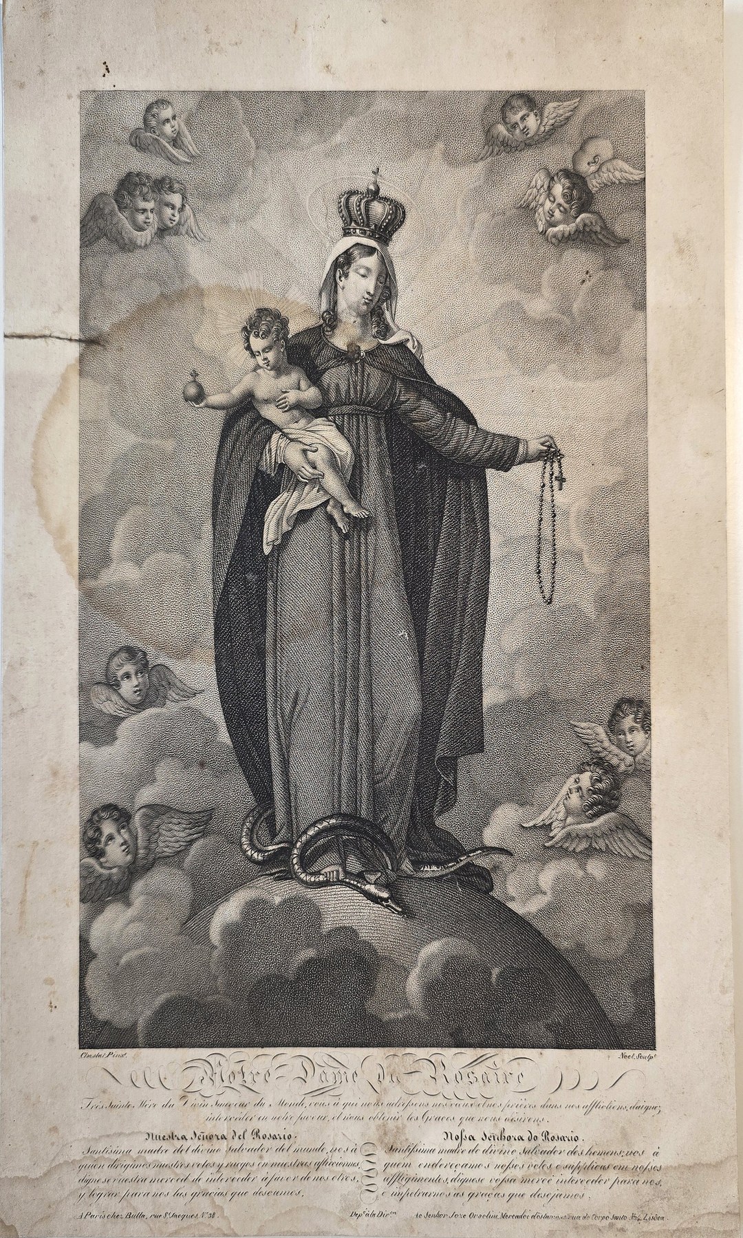 einer Heiligenfigur auf Wolken mit Engeln