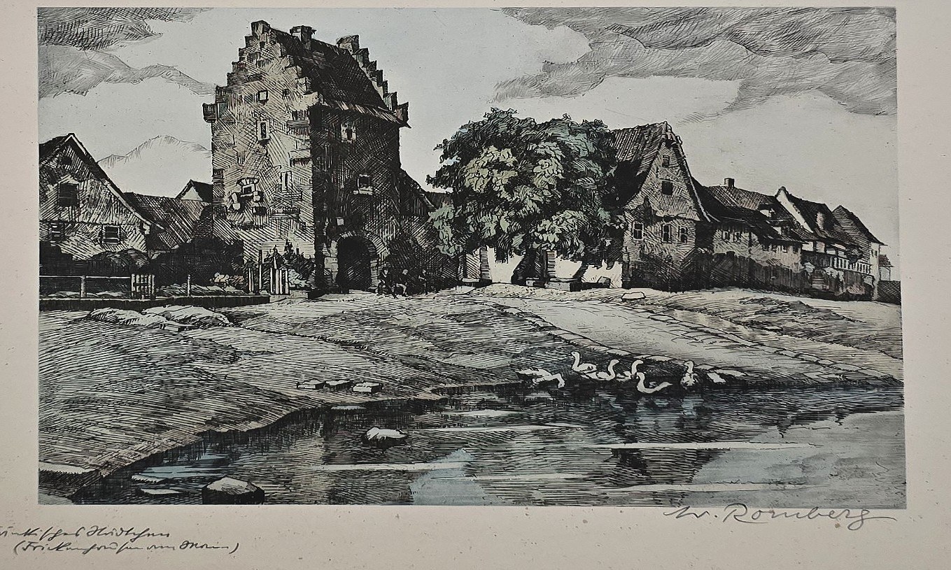 Aquarell mit mittelalterlich wirkendem Turm und Häusern