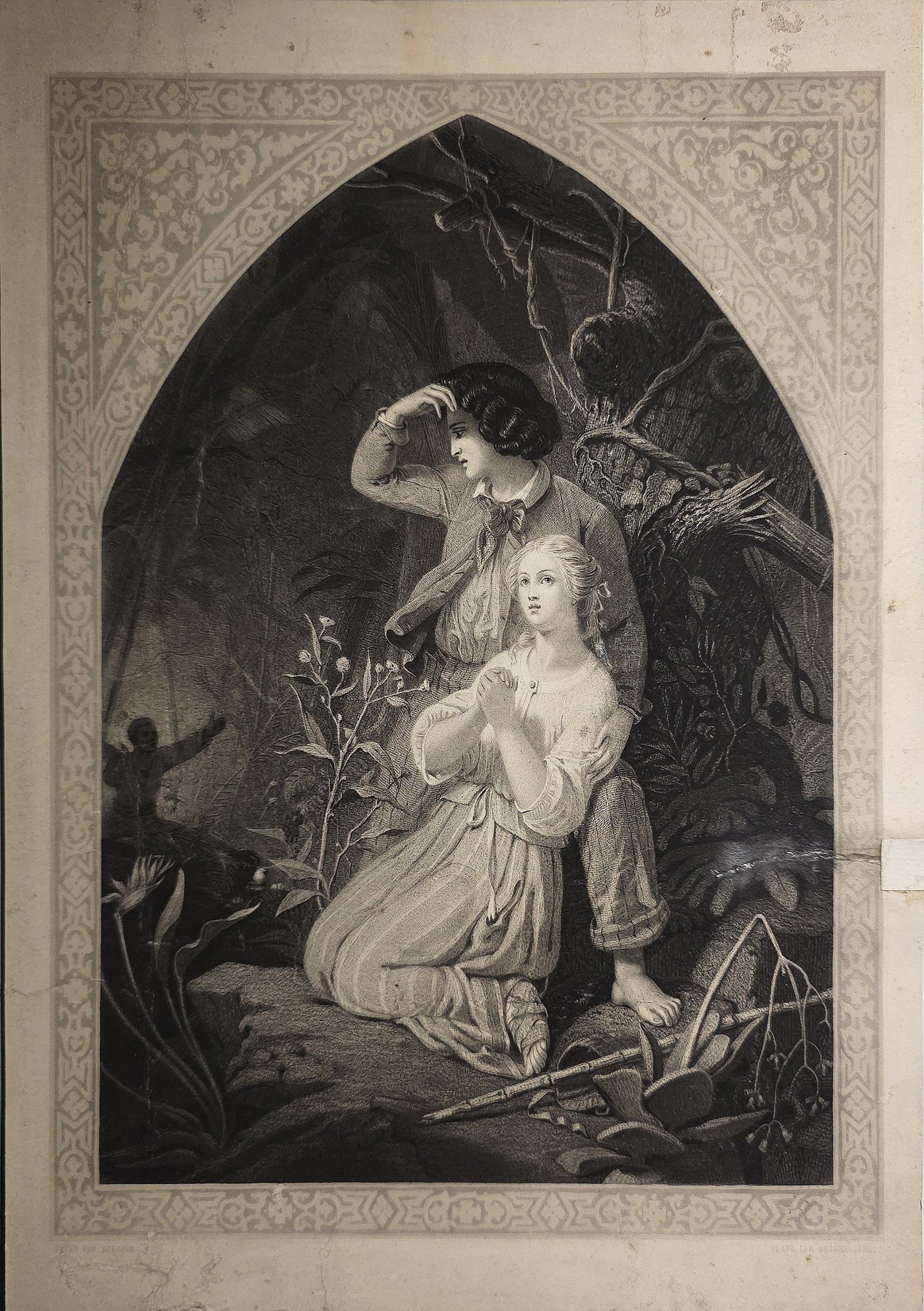 Junge Frau in ornamentaler Spitzbogenrahmung