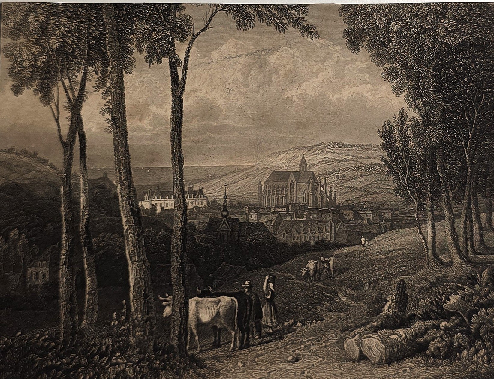 Historische Architekturdarstellung – Landschaft mit Bäumen, Weidevieh und Gebäudegruppe
