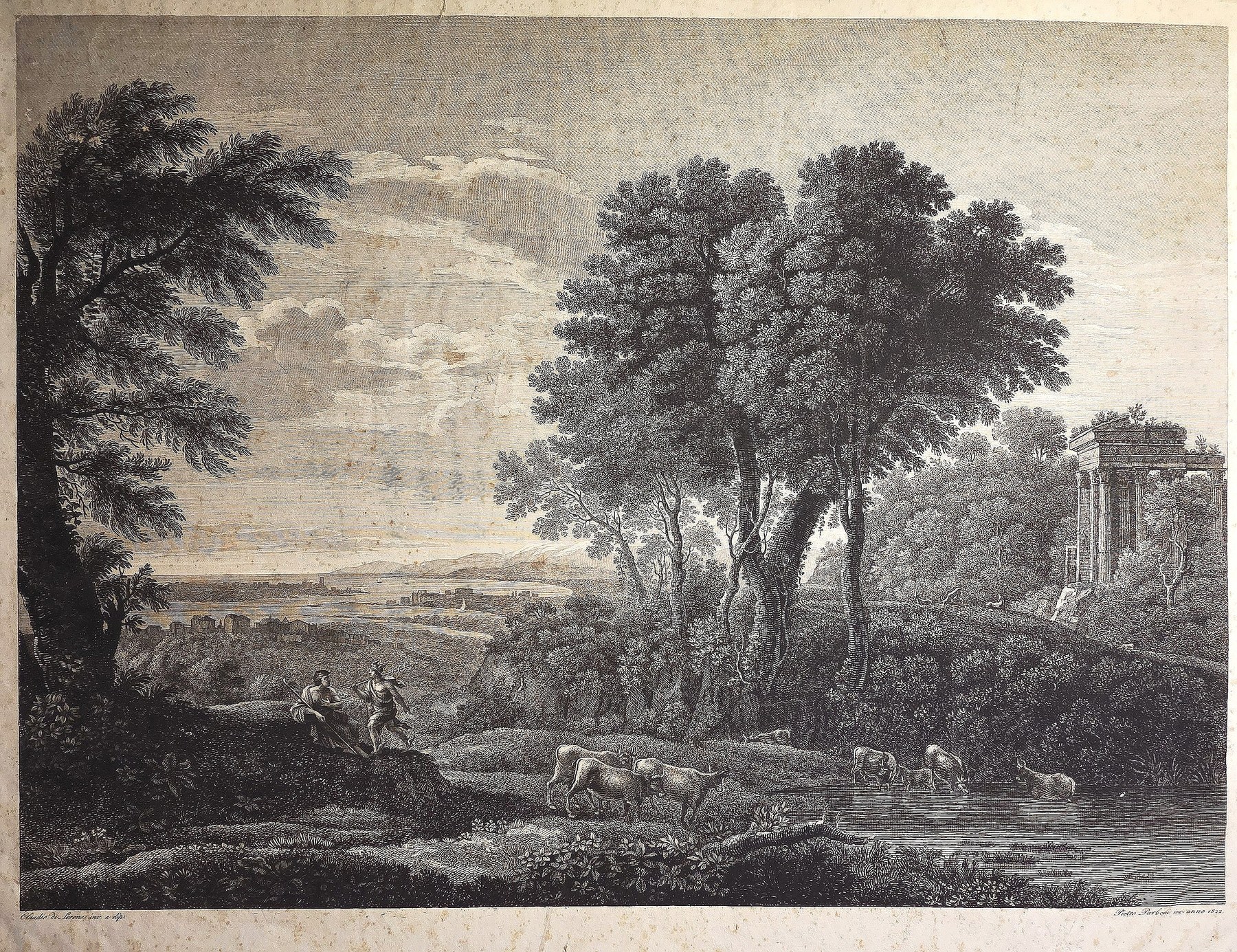 Landschafts- mit großen Bäumen, Vieh und Ruinenmotiv