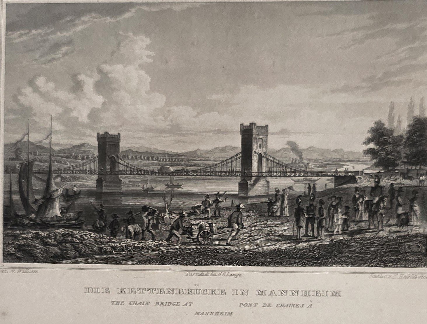 Historische Darstellung – Kettenbrücke mit kräftigen Pfeilern