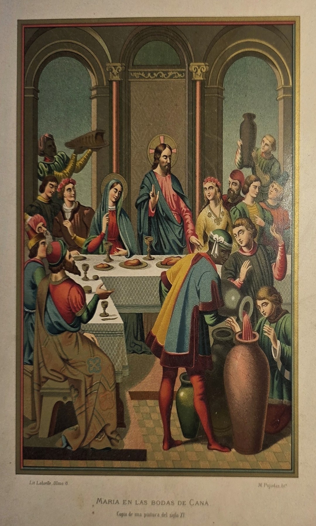 Farbig gefasste mit Festmahl in Säulenhalle
