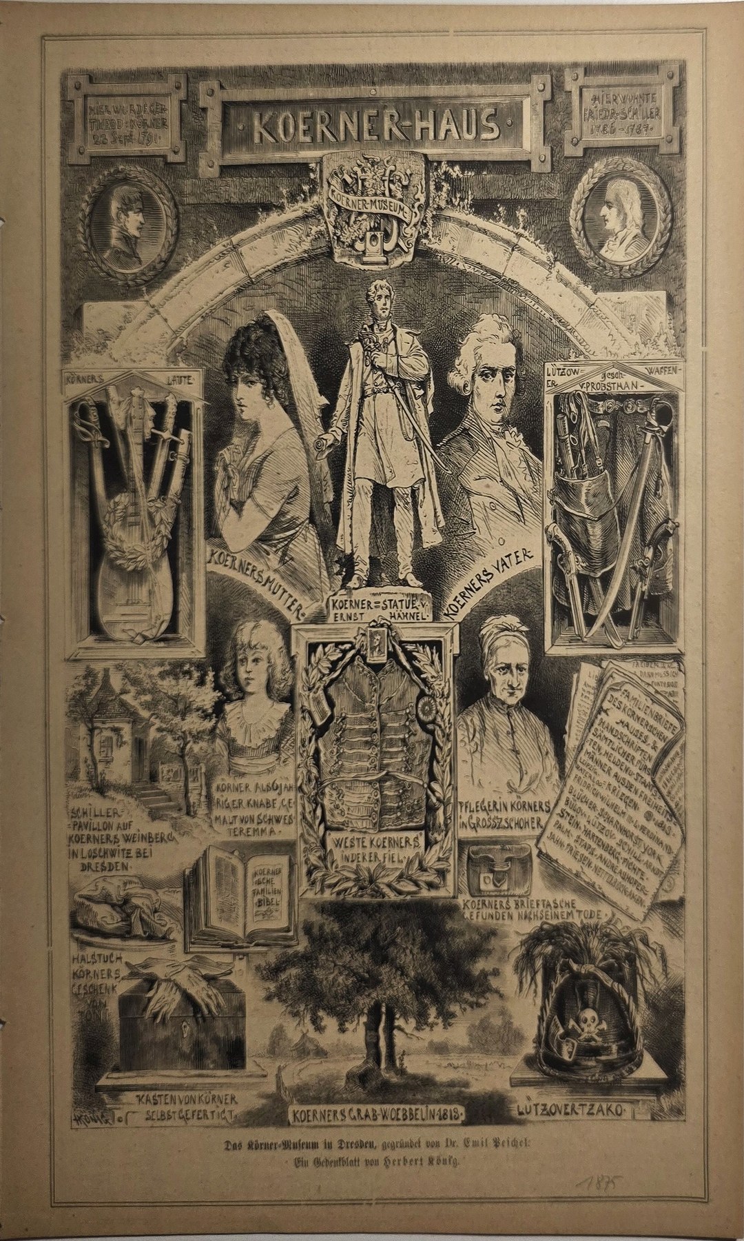 Reich verzierte Erinnerungsseite mit Porträts und Ornamenten
