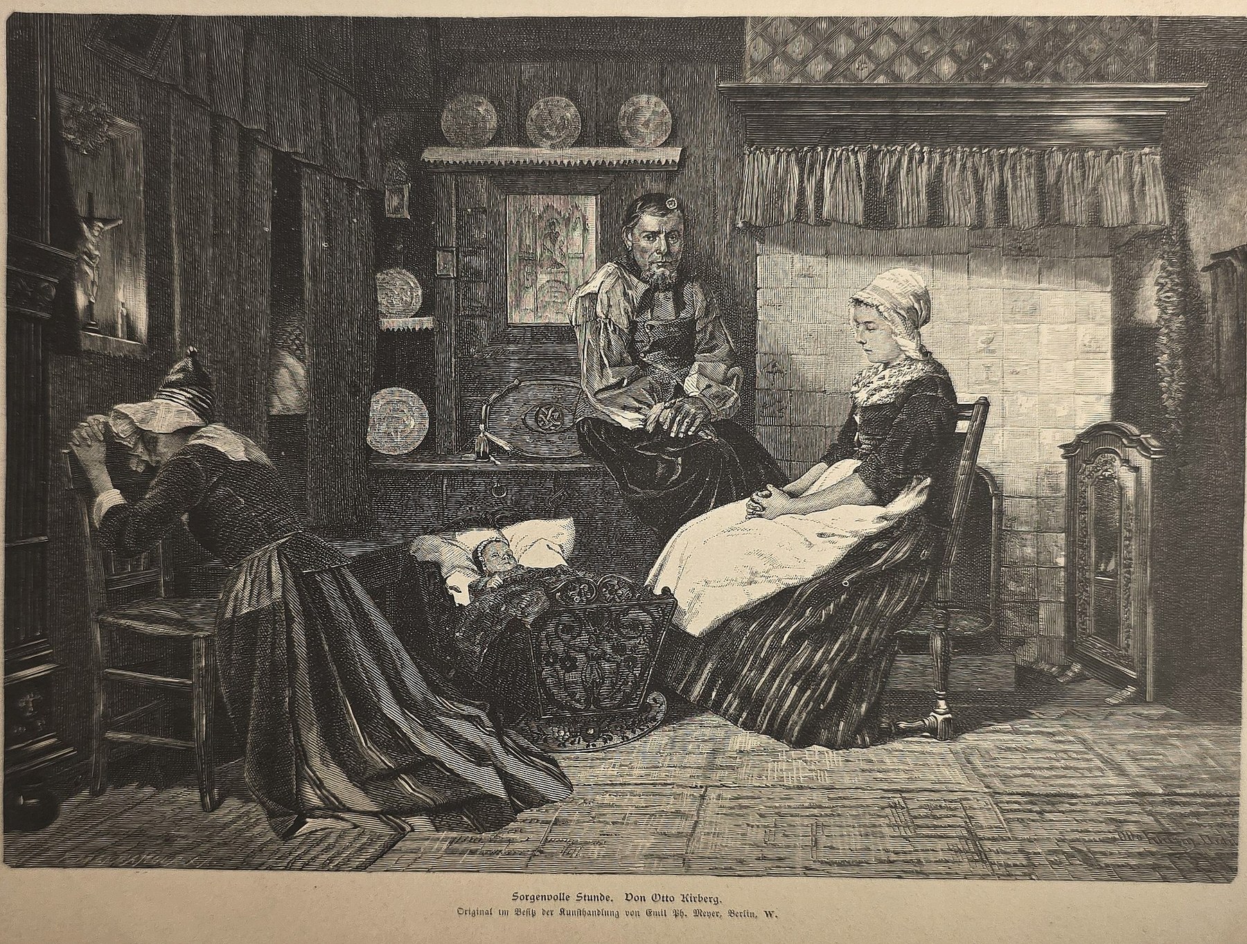 Frauen am Bett in einer Stube